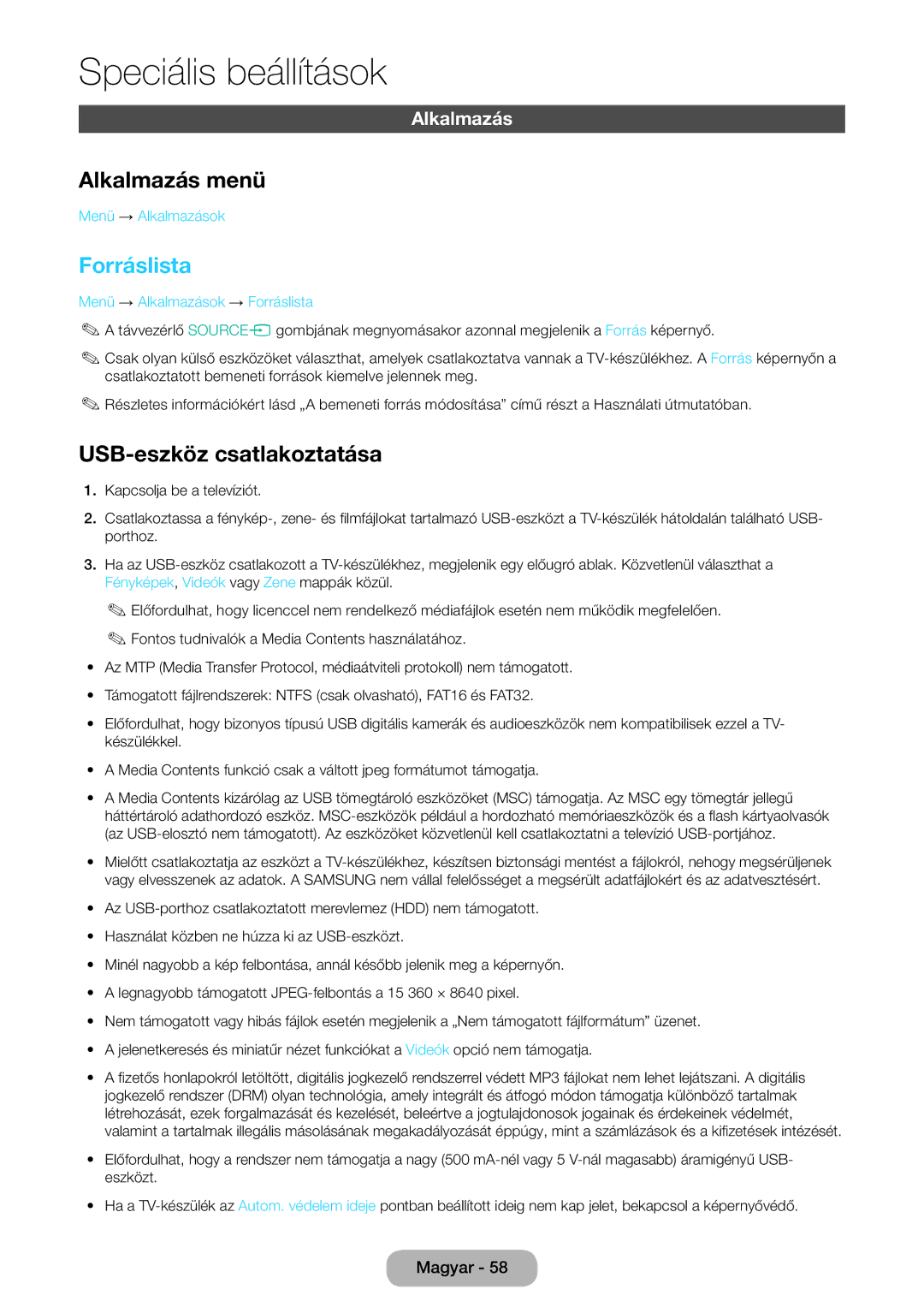 Samsung LT27D590CW/EN, LT27D590CX/EN manual Alkalmazás menü, Forráslista, USB-eszköz csatlakoztatása 