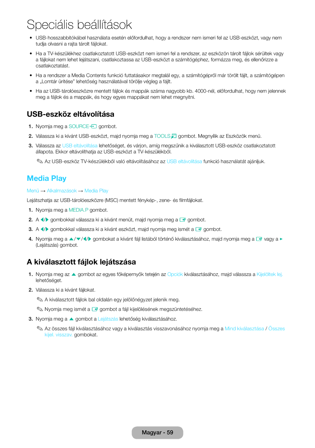 Samsung LT27D590CX/EN, LT27D590CW/EN manual USB-eszköz eltávolítása, Media Play, Kiválasztott fájlok lejátszása 