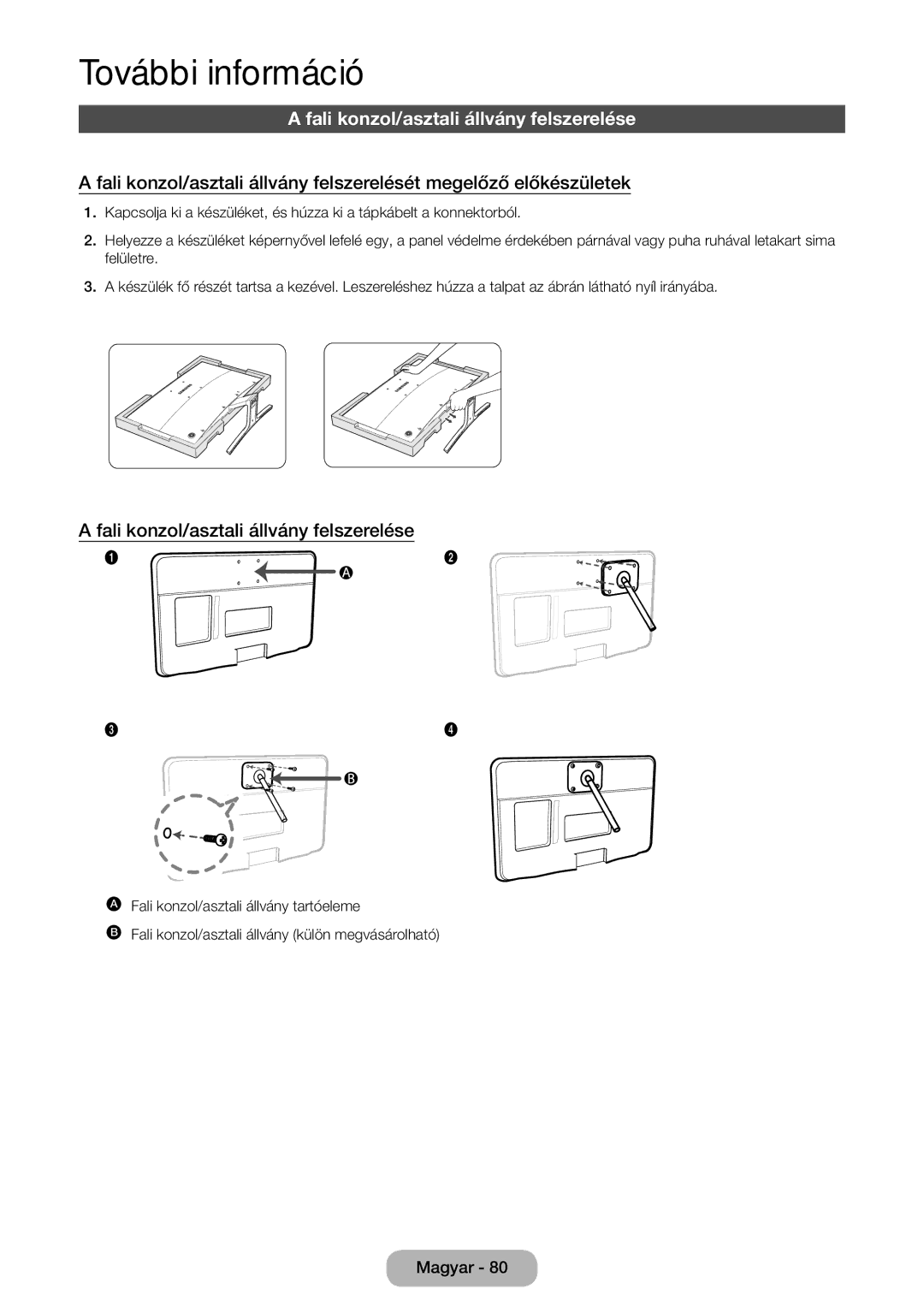 Samsung LT27D590CW/EN, LT27D590CX/EN manual Fali konzol/asztali állvány felszerelése 