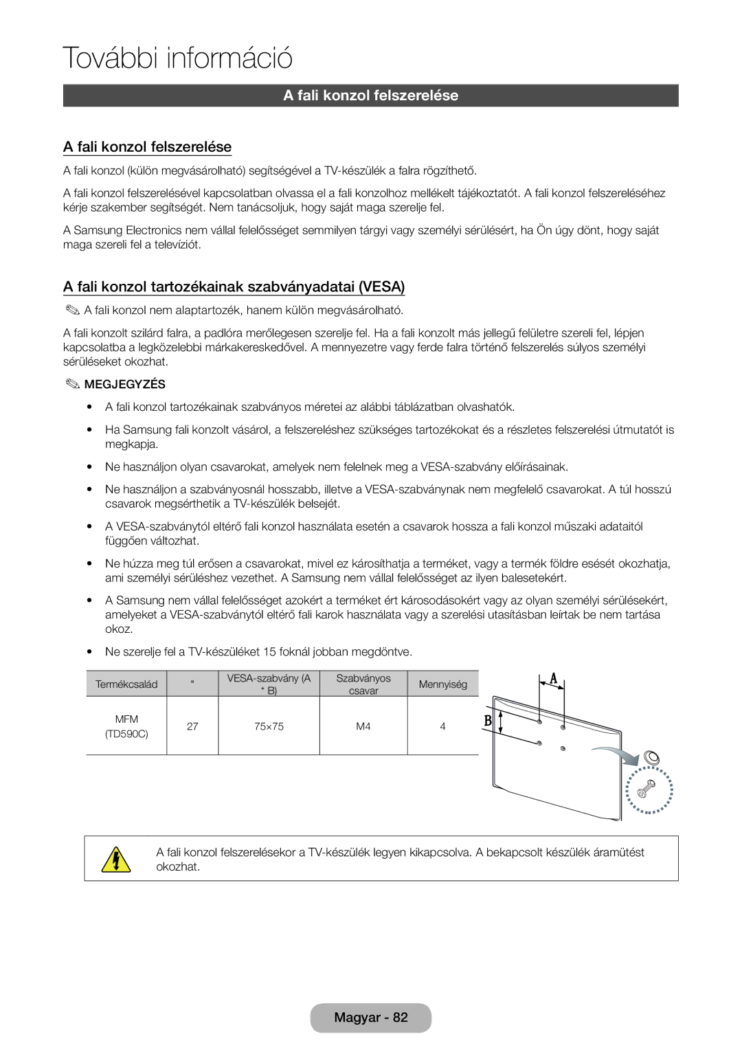 Samsung LT27D590CW/EN, LT27D590CX/EN manual Fali konzol felszerelése, Fali konzol tartozékainak szabványadatai Vesa 