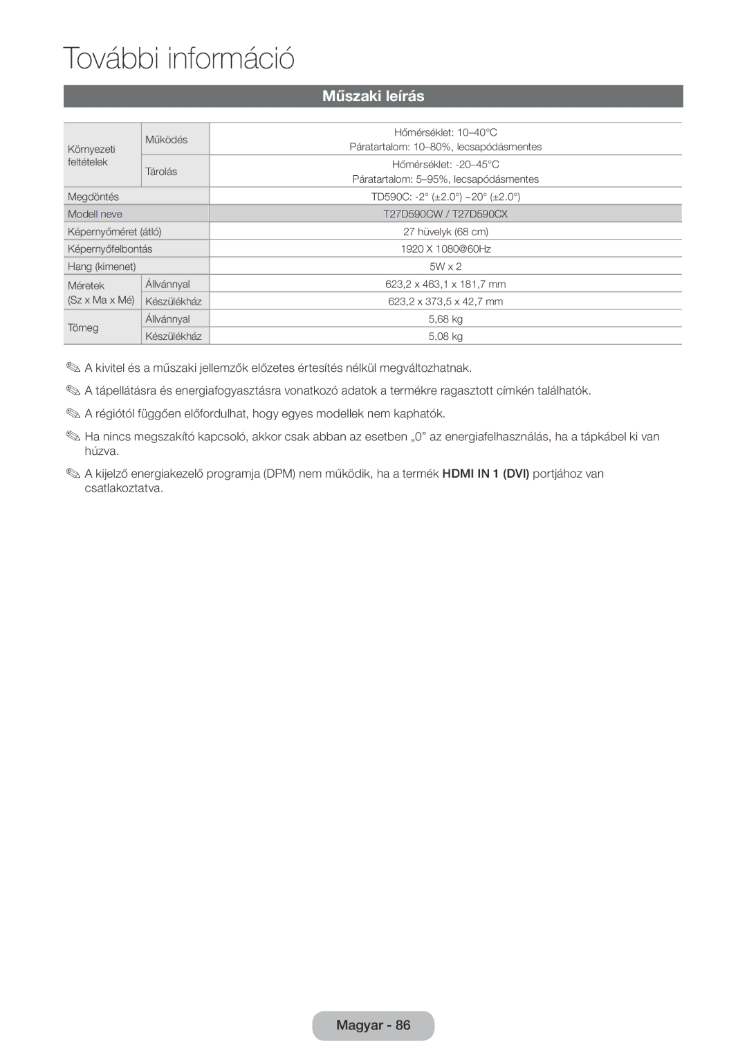 Samsung LT27D590CW/EN, LT27D590CX/EN manual Műszaki leírás 