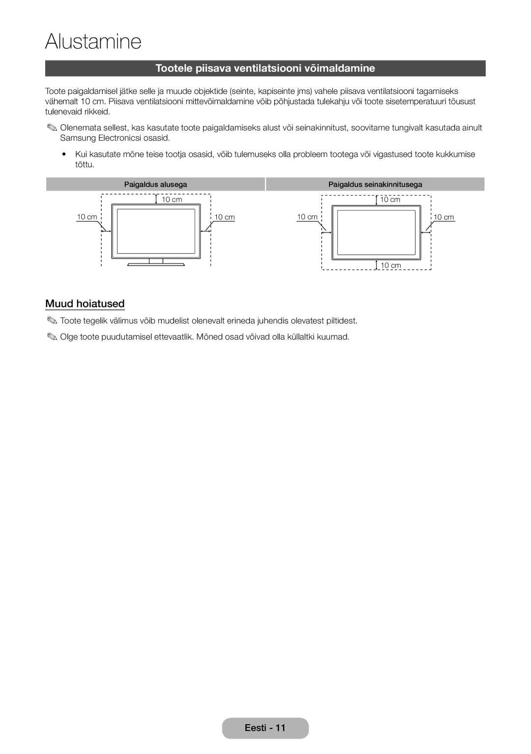 Samsung LT27D590CW/EN manual Tootele piisava ventilatsiooni võimaldamine, Muud hoiatused 