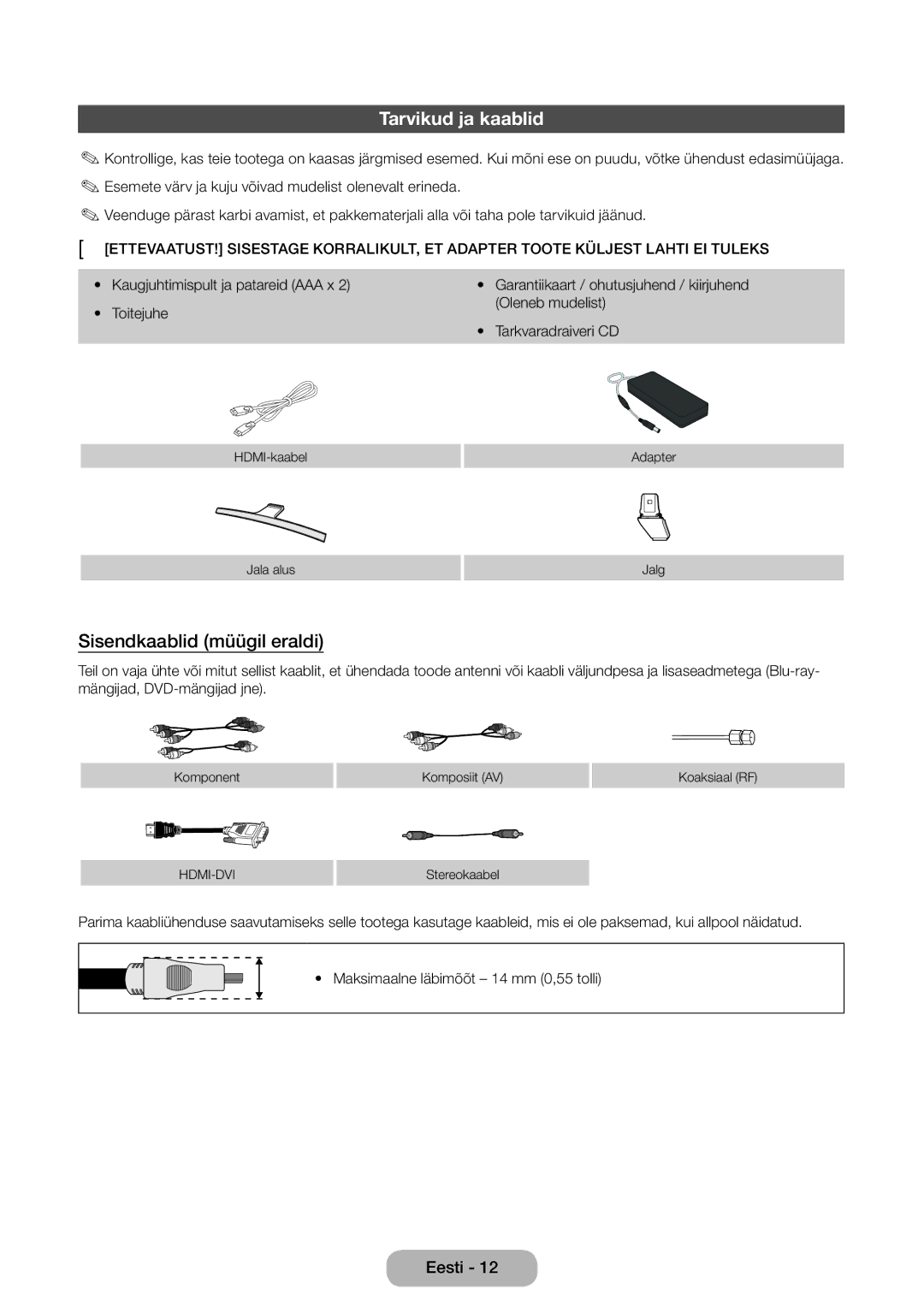 Samsung LT27D590CW/EN manual Tarvikud ja kaablid, Sisendkaablid müügil eraldi 