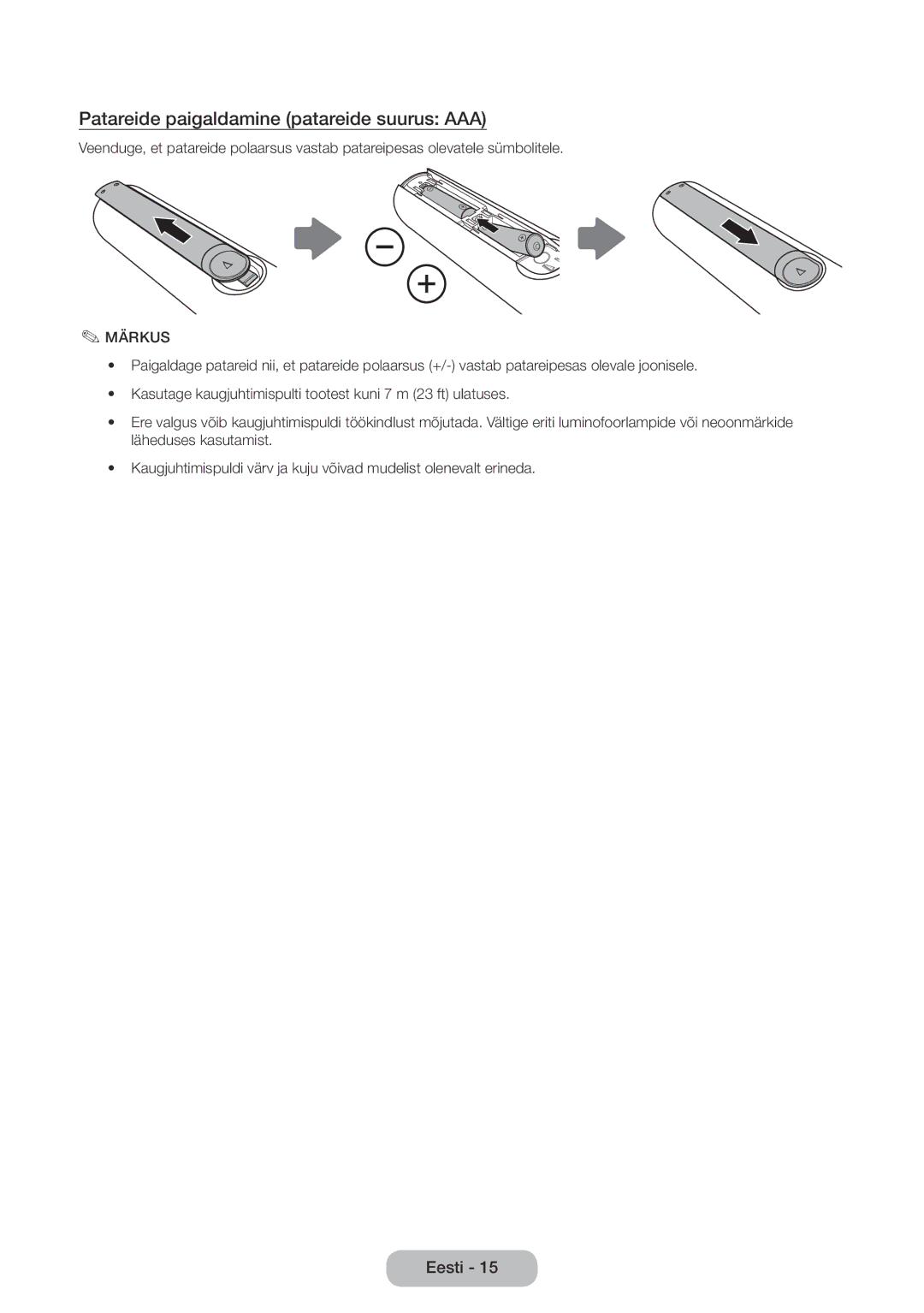 Samsung LT27D590CW/EN manual Patareide paigaldamine patareide suurus AAA, Märkus 