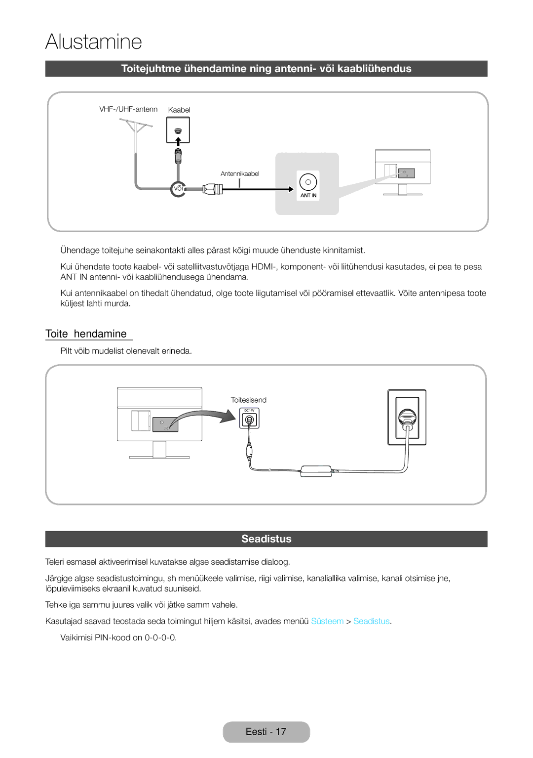 Samsung LT27D590CW/EN manual Toitejuhtme ühendamine ning antenni- või kaabliühendus, Toite ühendamine, Seadistus 