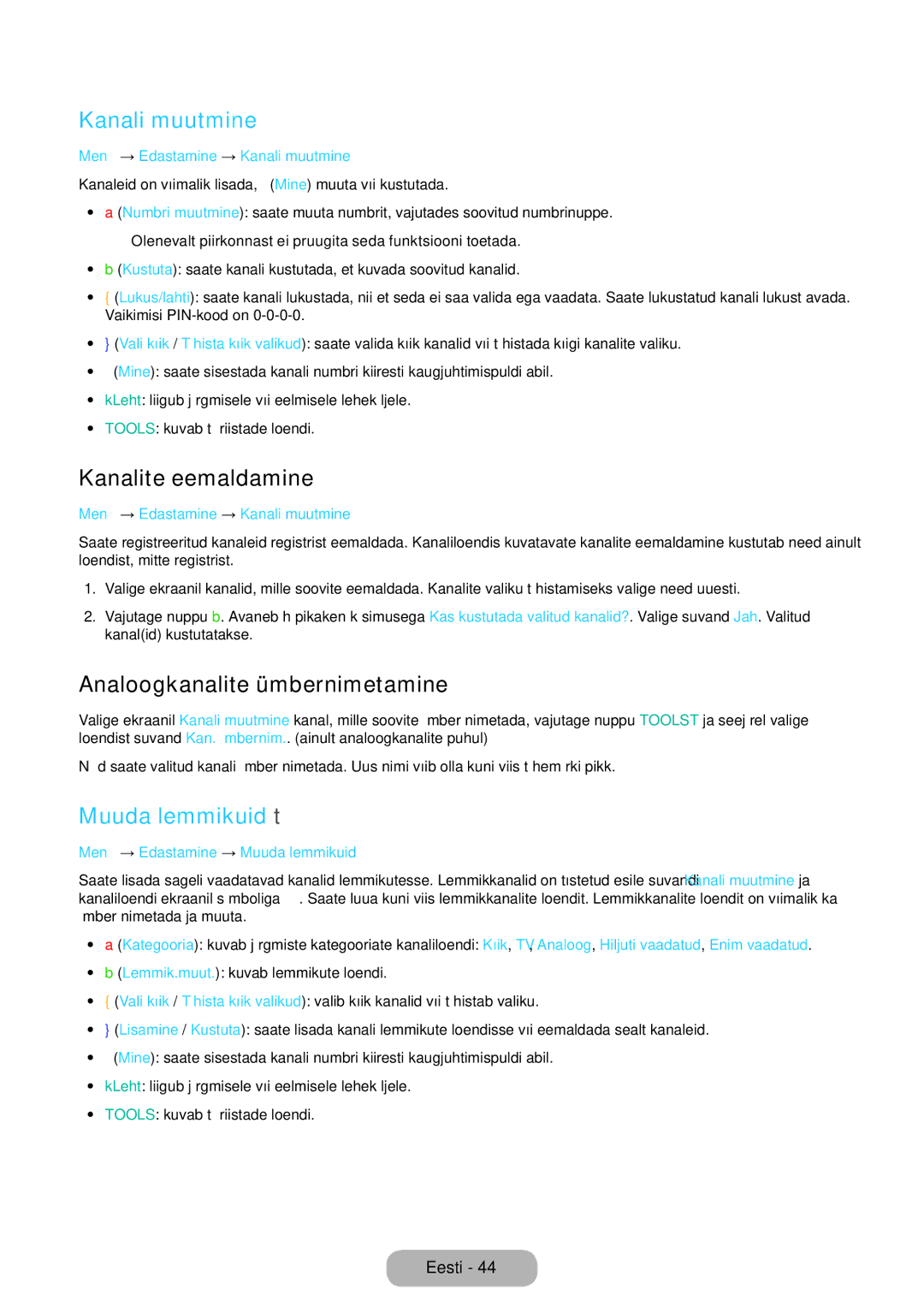 Samsung LT27D590CW/EN manual Kanali muutmine, Kanalite eemaldamine, Analoogkanalite ümbernimetamine, Muuda lemmikuid t 