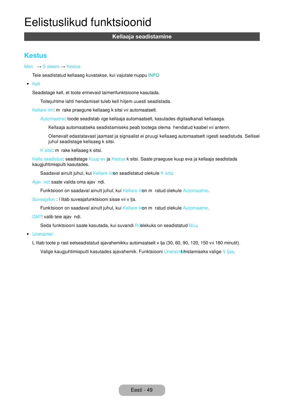 Samsung LT27D590CW/EN manual Kellaaja seadistamine, Menüü → Süsteem → Kestus, Unetaimer 