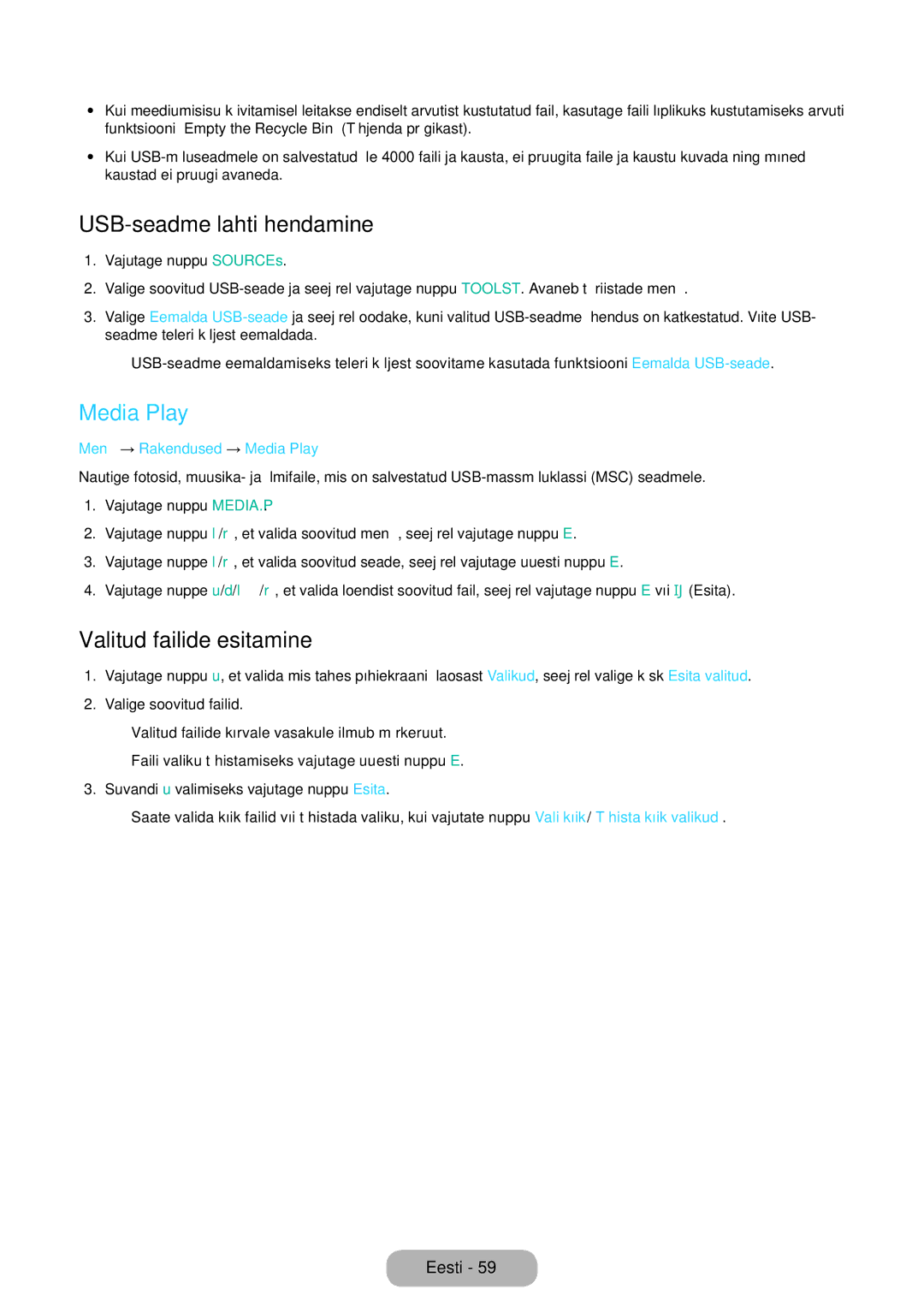 Samsung LT27D590CW/EN manual USB-seadme lahtiühendamine, Valitud failide esitamine, Menüü → Rakendused → Media Play 