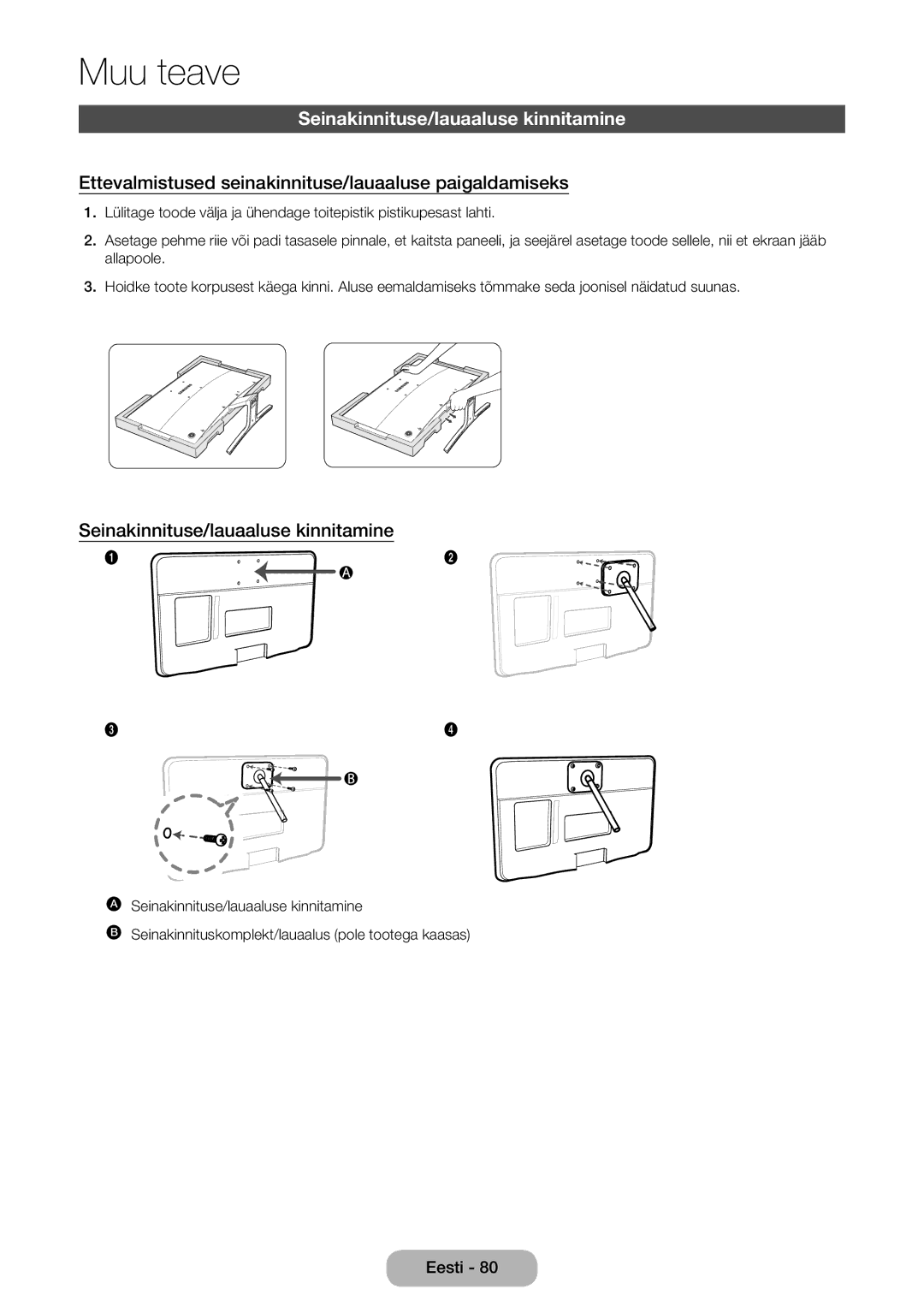 Samsung LT27D590CW/EN manual Seinakinnituse/lauaaluse kinnitamine, Ettevalmistused seinakinnituse/lauaaluse paigaldamiseks 