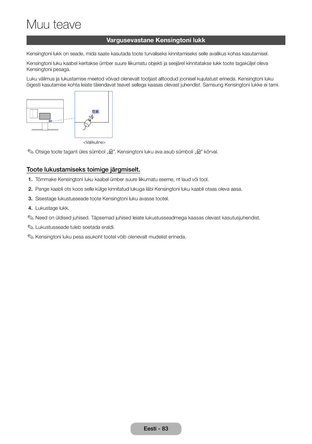 Samsung LT27D590CW/EN manual Vargusevastane Kensingtoni lukk, Toote lukustamiseks toimige järgmiselt 