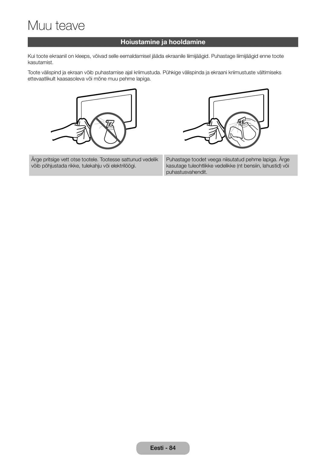 Samsung LT27D590CW/EN manual Hoiustamine ja hooldamine 