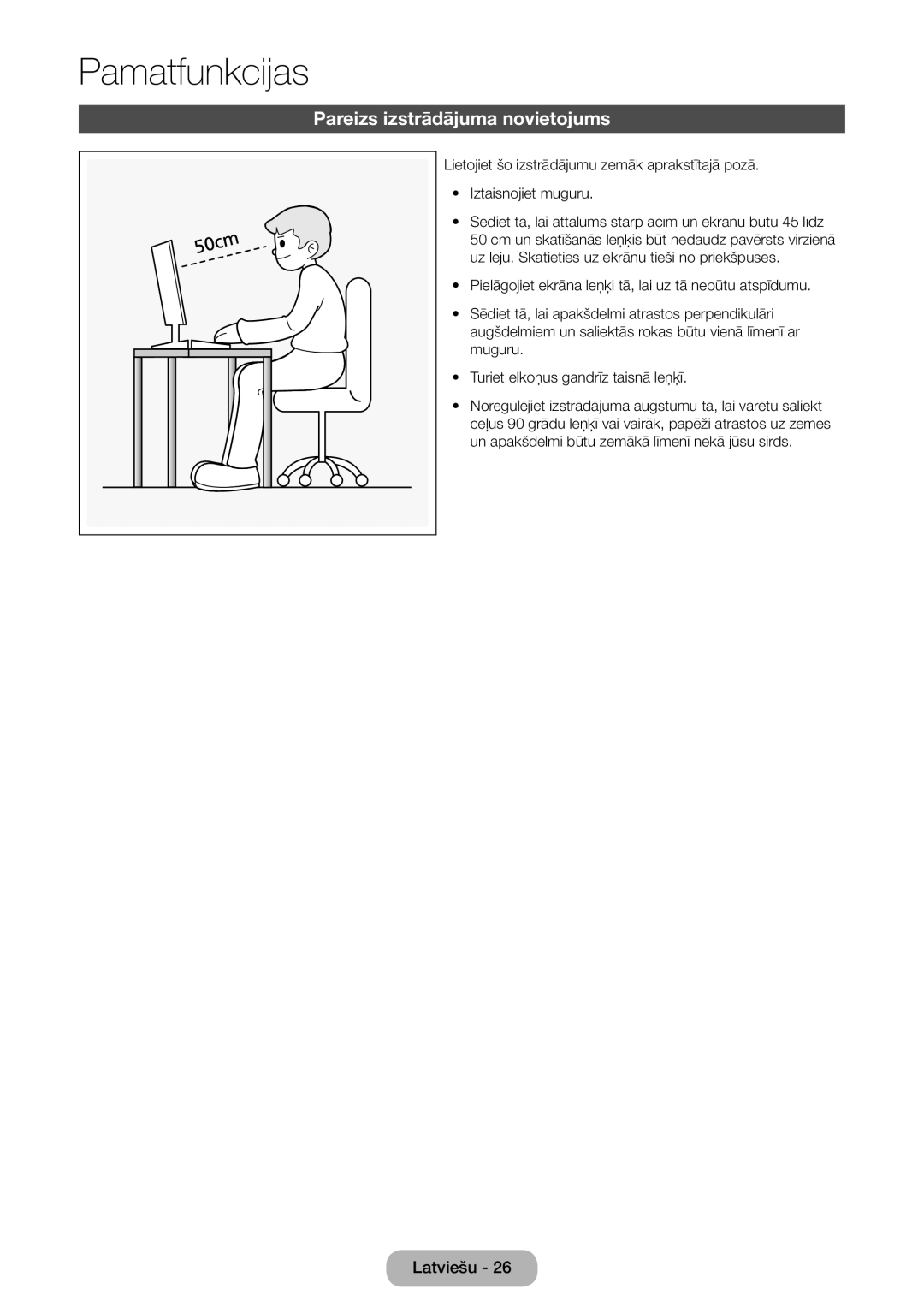 Samsung LT27D590CW/EN manual Pamatfunkcijas, Pareizs izstrādājuma novietojums 