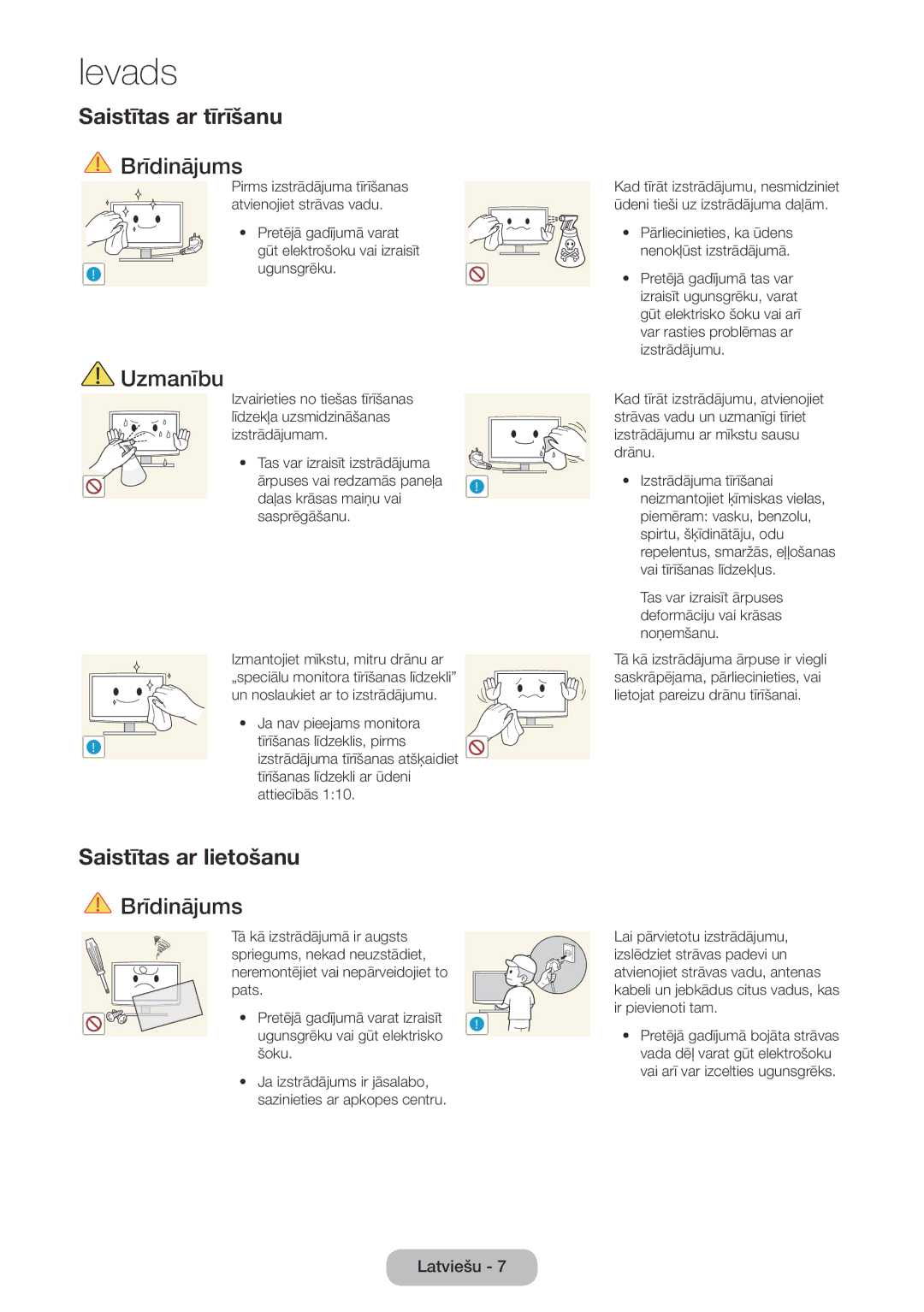 Samsung LT27D590CW/EN Saistītas ar tīrīšanu, Saistītas ar lietošanu, Pārliecinieties, ka ūdens nenokļūst izstrādājumā 