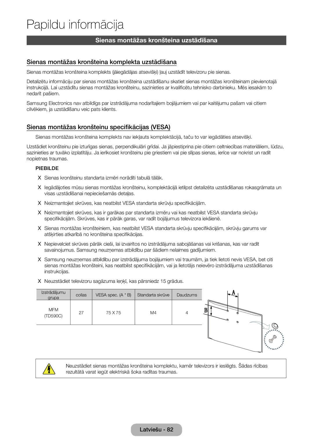 Samsung LT27D590CW/EN manual Sienas montāžas kronšteina uzstādīšana, Sienas montāžas kronšteina komplekta uzstādīšana 