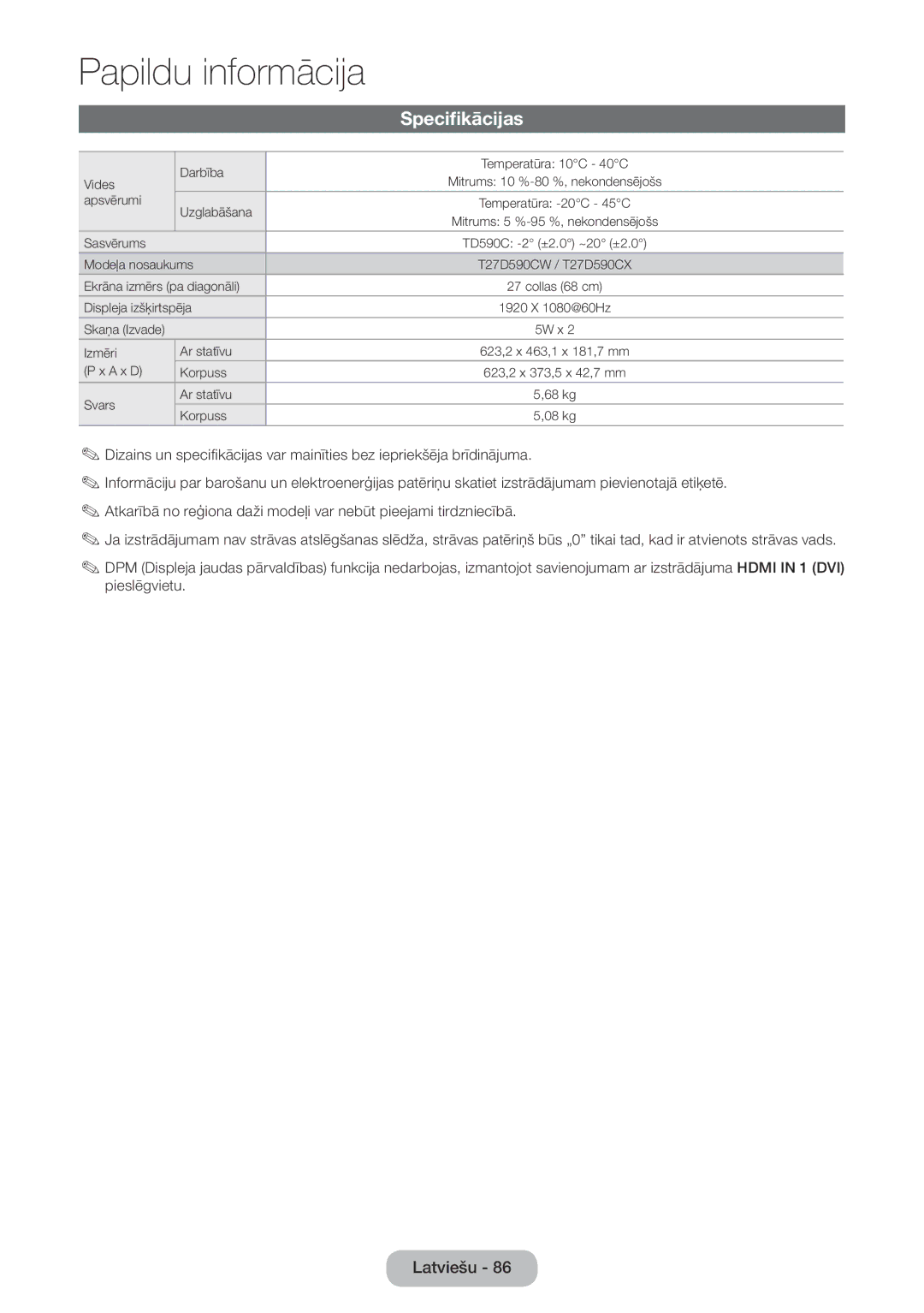 Samsung LT27D590CW/EN manual Specifikācijas 