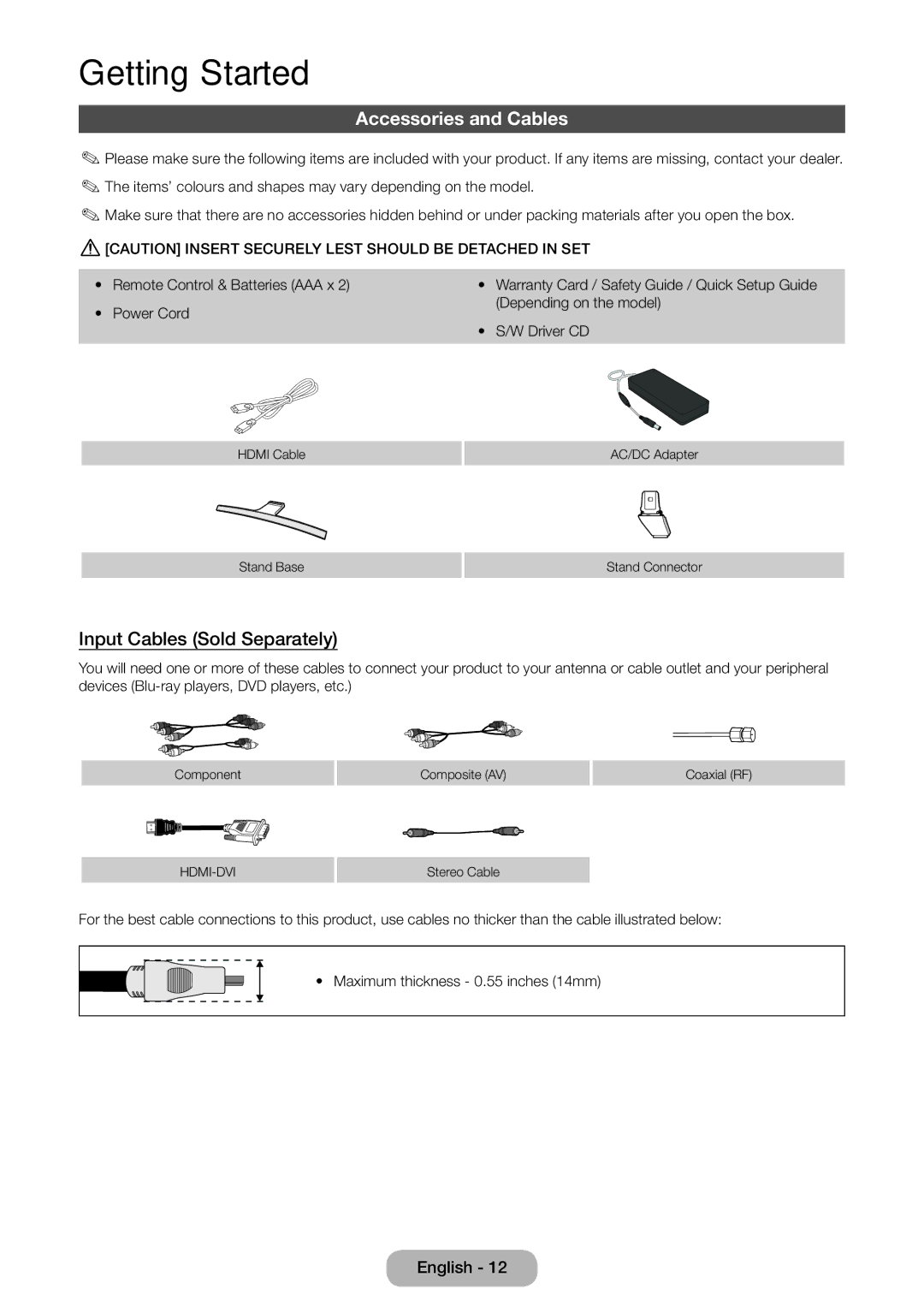 Samsung LT27D590CX/CI manual Accessories and Cables, Input Cables Sold Separately 