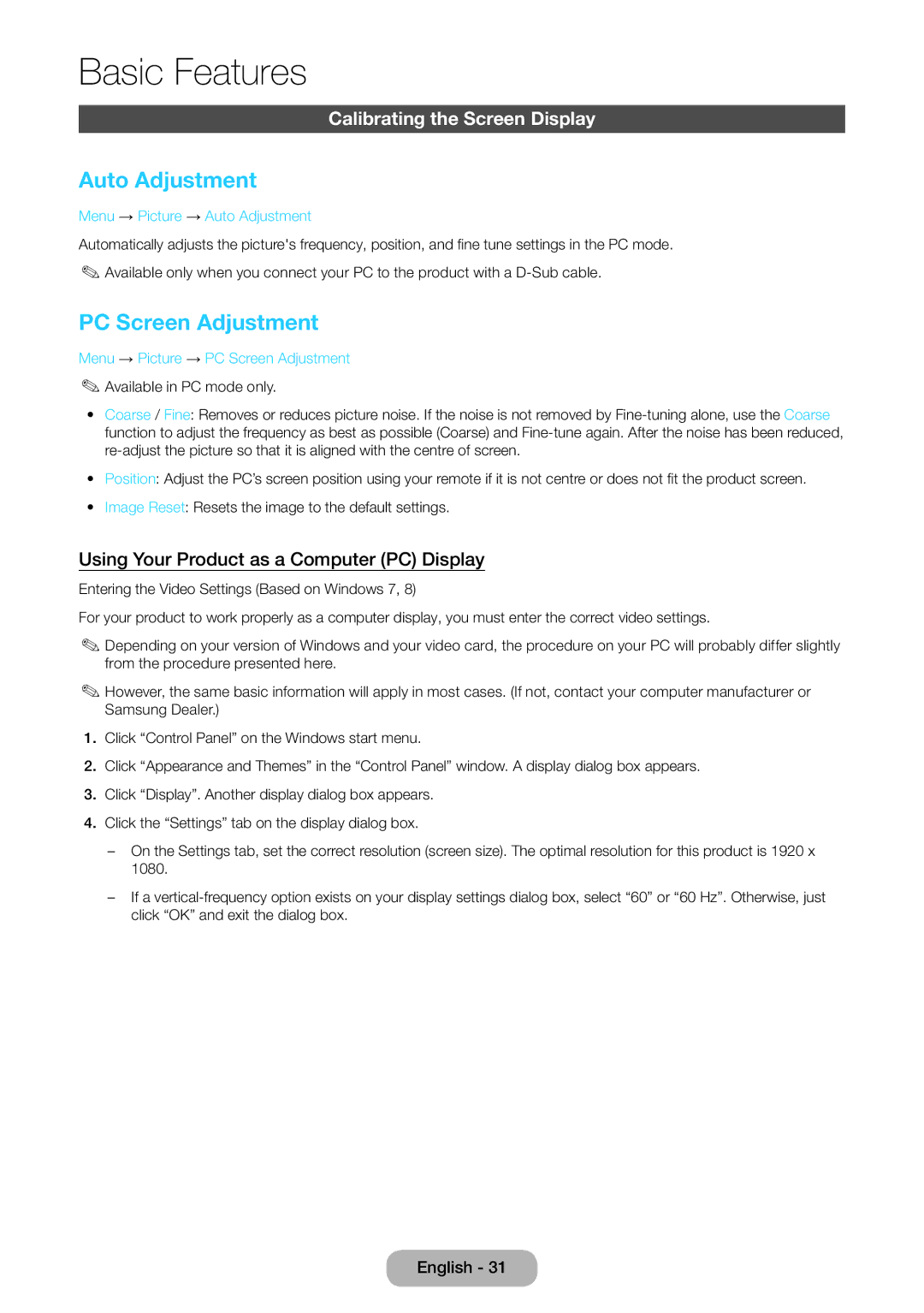 Samsung LT27D590CX/CI manual Auto Adjustment, PC Screen Adjustment, Calibrating the Screen Display 