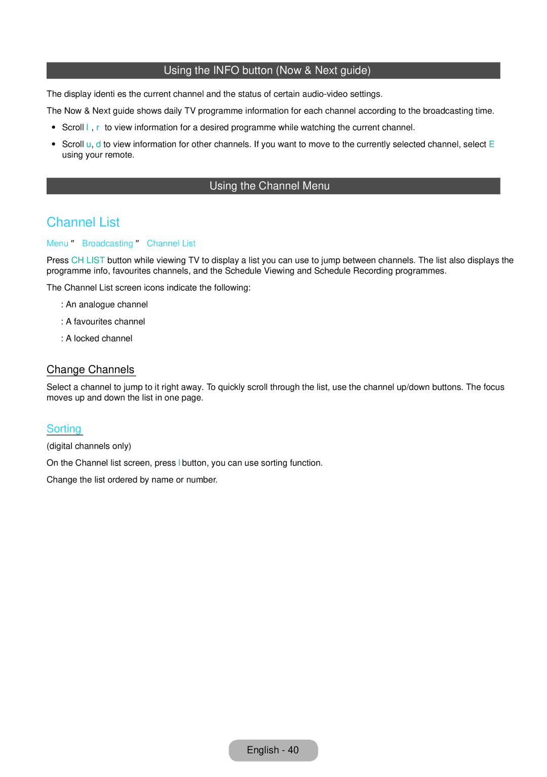 Samsung LT27D590CX/CI manual Channel List, Using the Info button Now & Next guide, Using the Channel Menu, Change Channels 