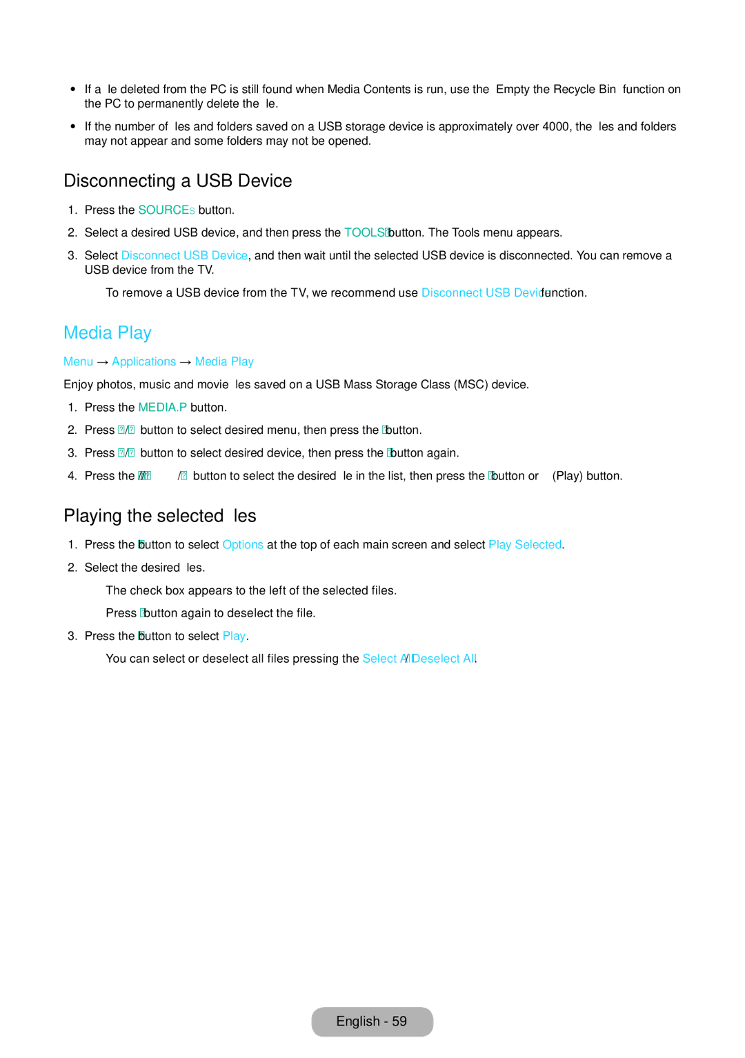 Samsung LT27D590CX/CI manual Disconnecting a USB Device, Playing the selected files, Menu → Applications → Media Play 