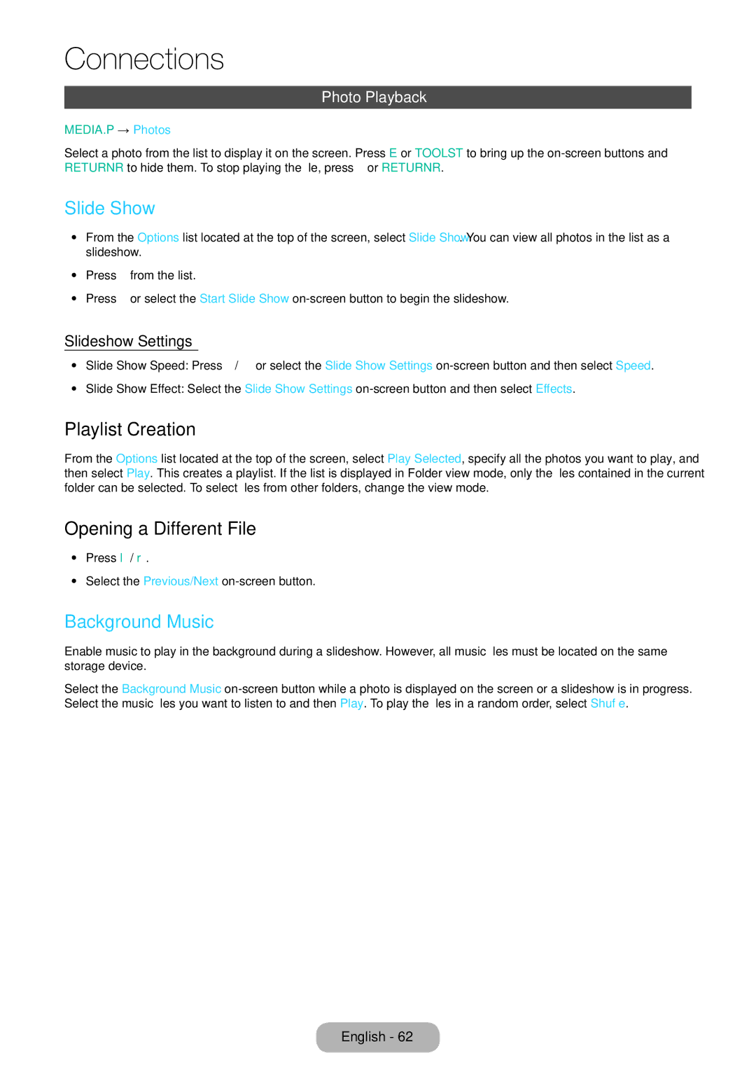 Samsung LT27D590CX/CI manual Slide Show, Playlist Creation, Opening a Different File, Background Music, Photo Playback 