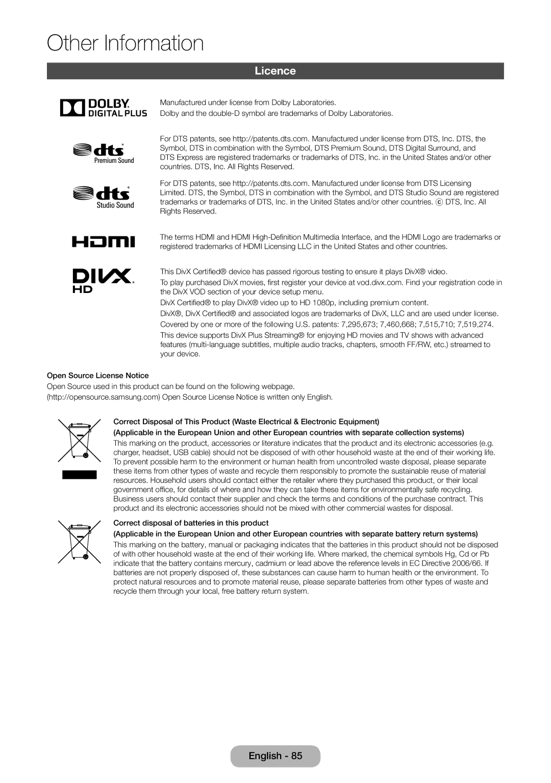 Samsung LT27D590CX/CI manual Licence 