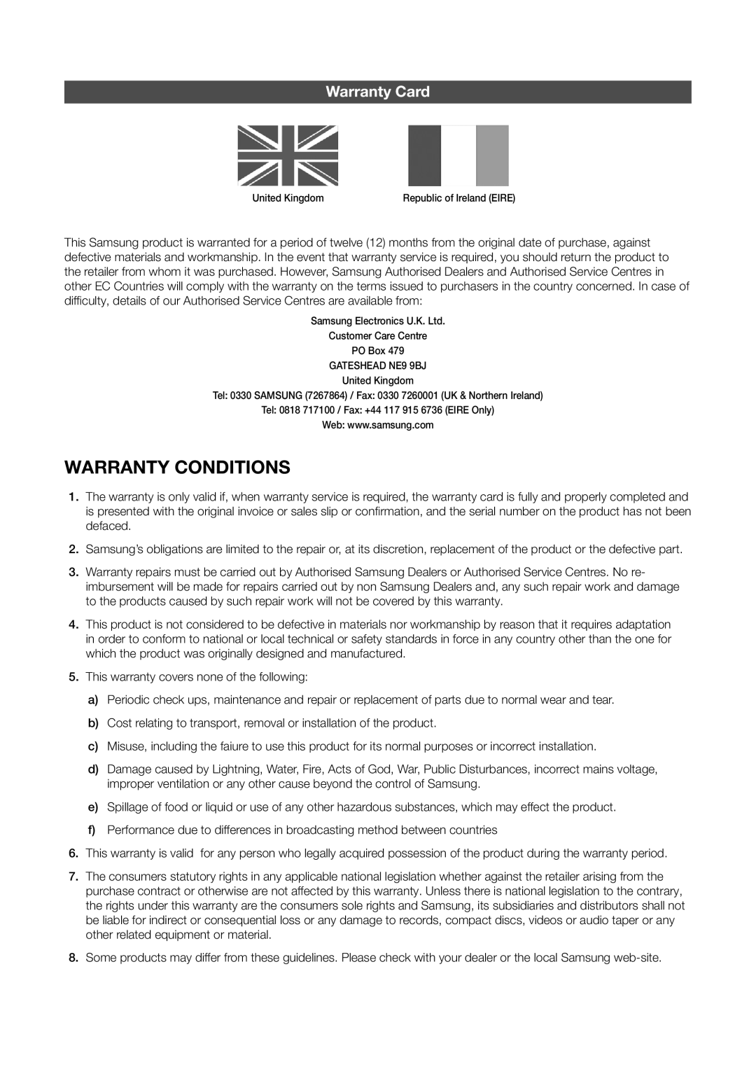 Samsung LT27D590CX/CI manual Warranty Card, Gateshead NE9 9BJ 