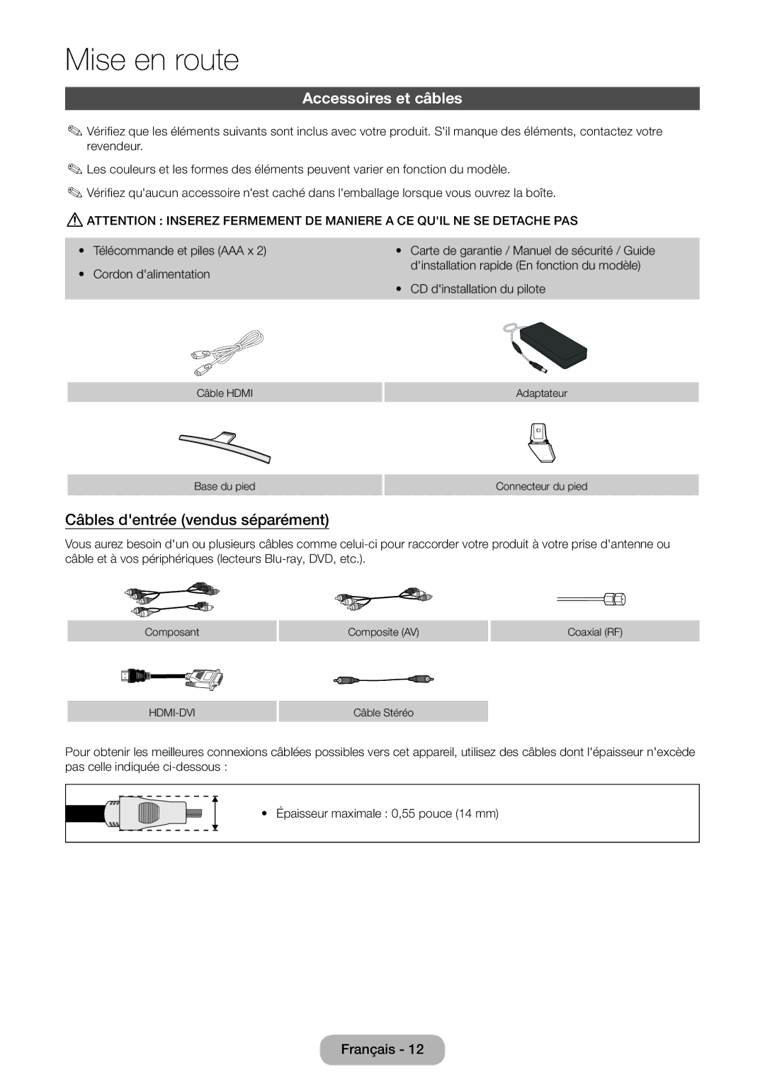 Samsung LT27D590CX/EN manual Accessoires et câbles, Câbles dentrée vendus séparément 