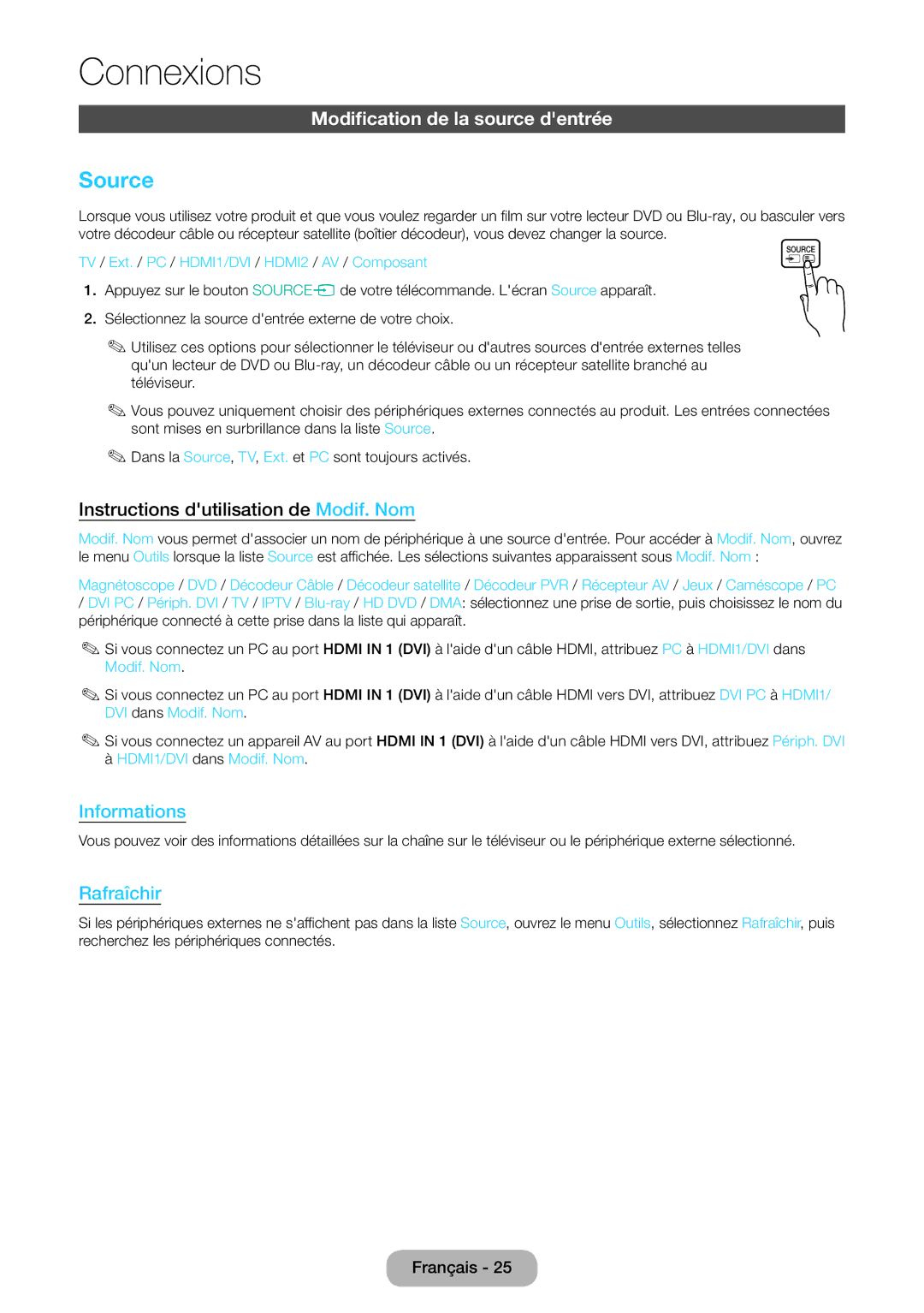 Samsung LT27D590CX/EN manual Source, Modification de la source dentrée, Instructions dutilisation de Modif. Nom 