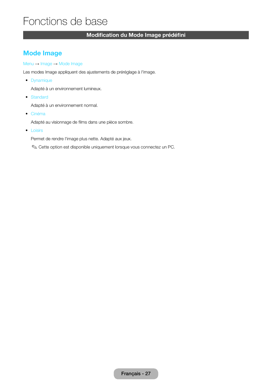 Samsung LT27D590CX/EN manual Modification du Mode Image prédéfini 
