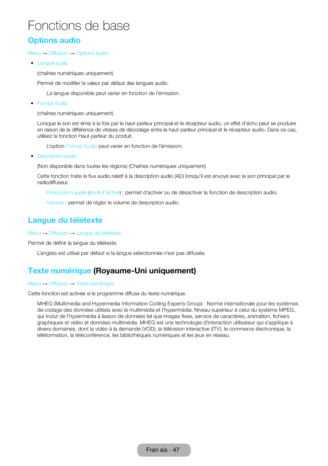 Samsung LT27D590CX/EN manual Options audio, Langue du télétexte, Texte numérique Royaume-Uni uniquement 