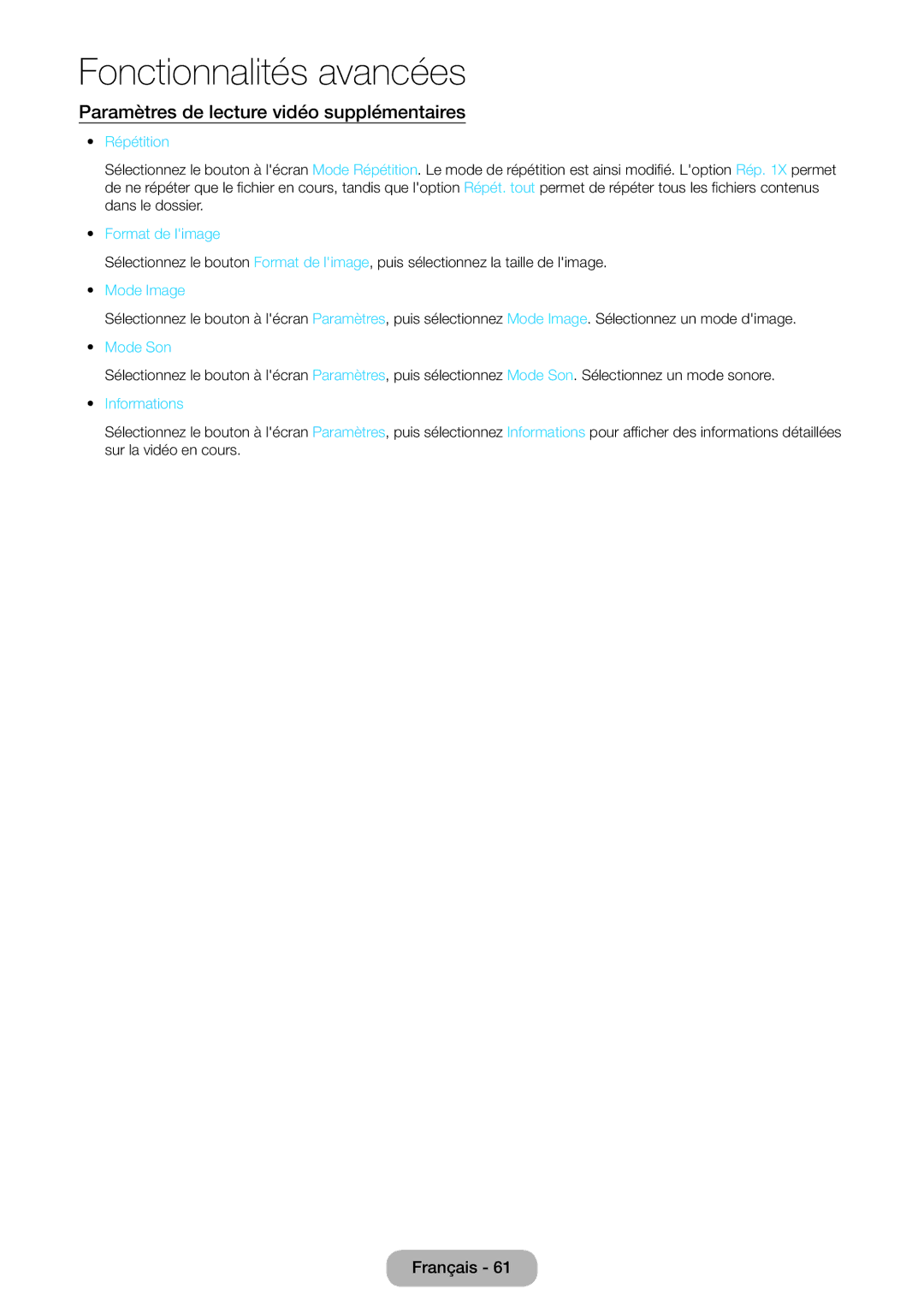 Samsung LT27D590CX/EN manual Paramètres de lecture vidéo supplémentaires, Répétition, Mode Image, Mode Son, Informations 