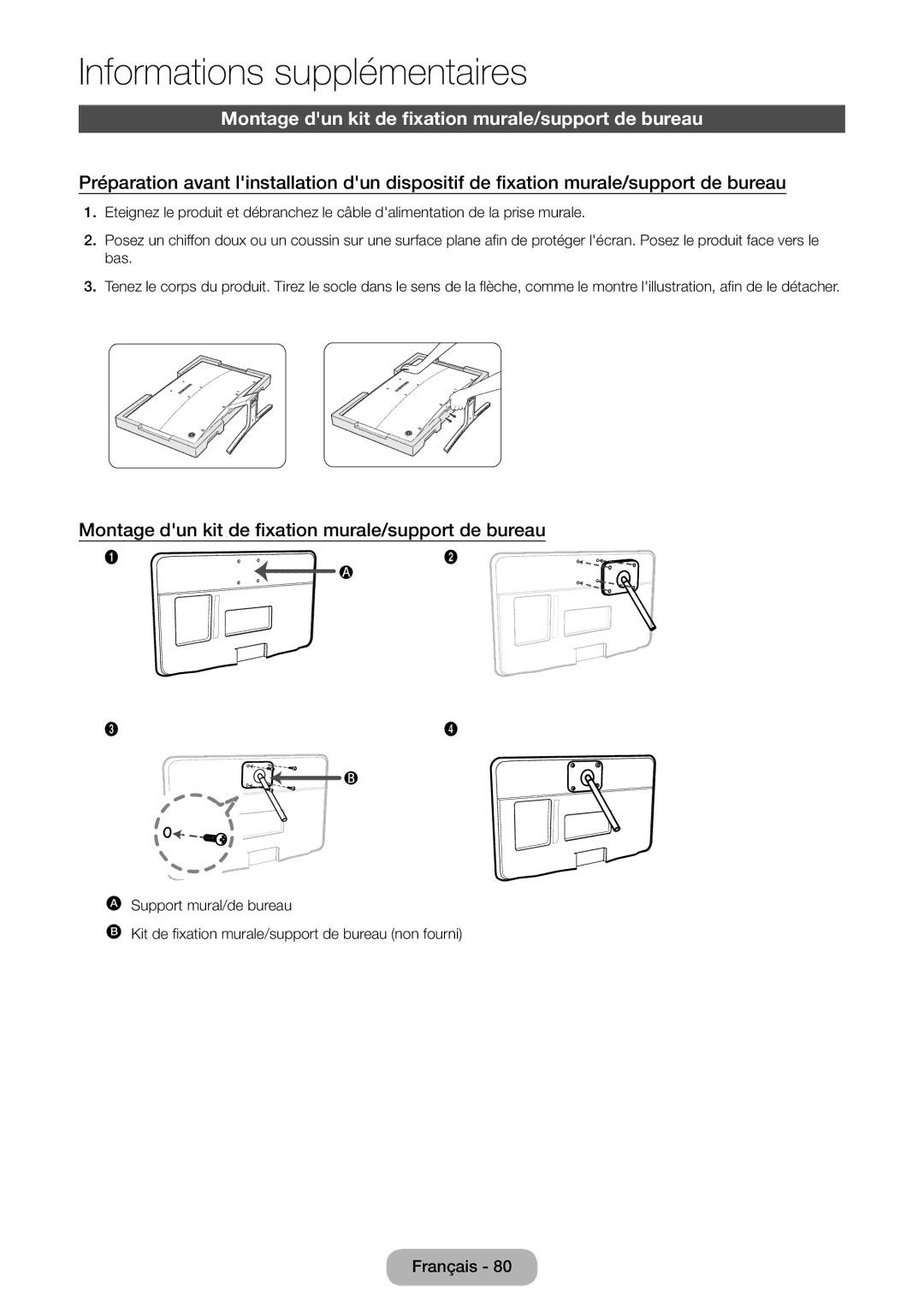 Samsung LT27D590CX/EN manual Montage dun kit de fixation murale/support de bureau 