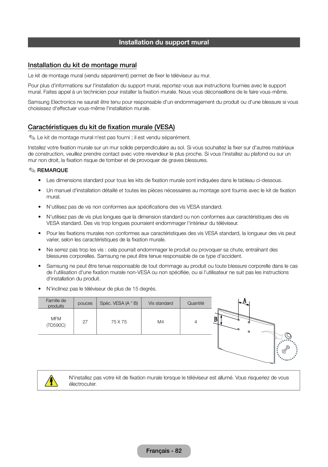 Samsung LT27D590CX/EN Installation du support mural, Installation du kit de montage mural, Provoquer de graves blessures 