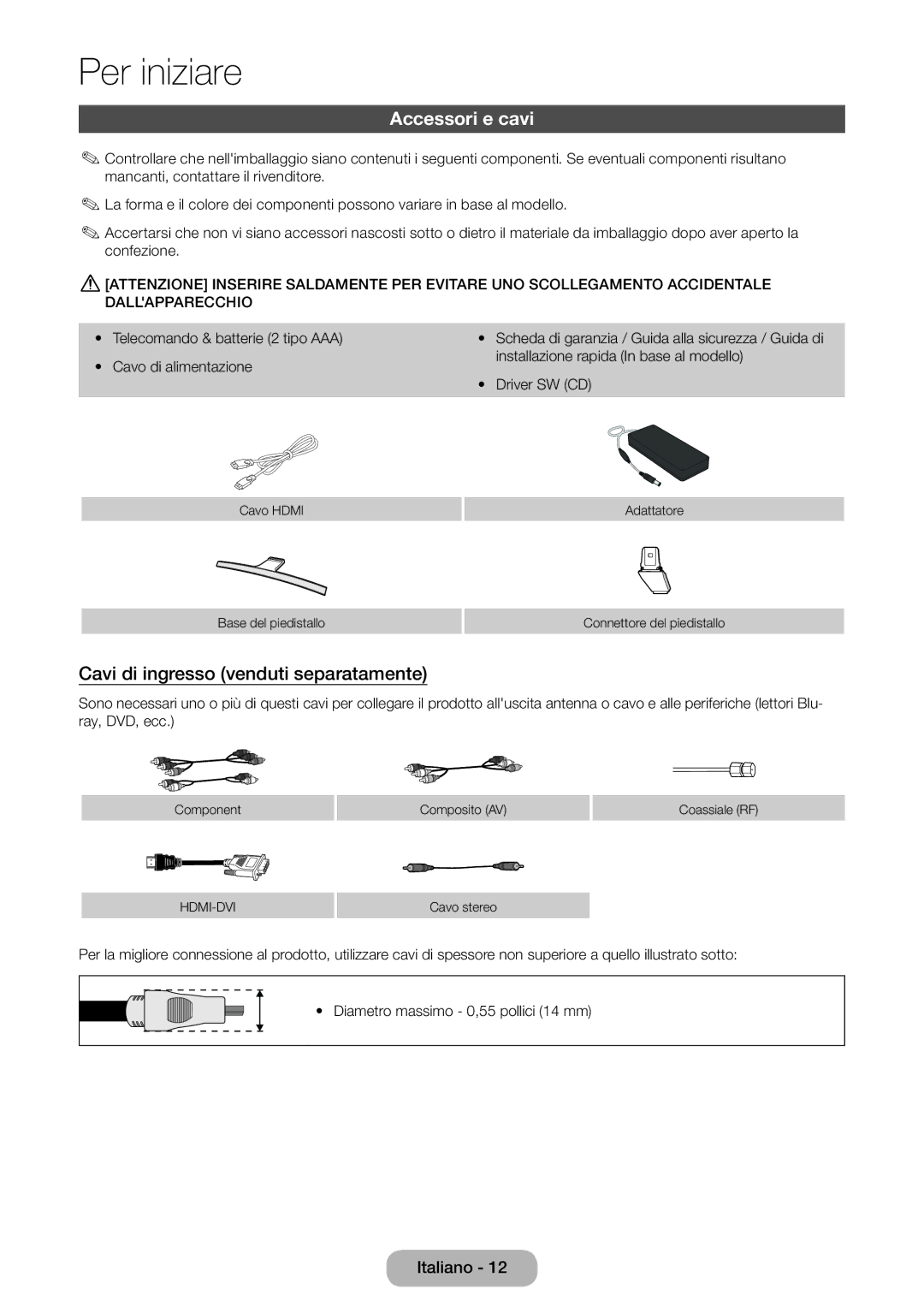 Samsung LT27D590CX/EN manual Accessori e cavi, Cavi di ingresso venduti separatamente 