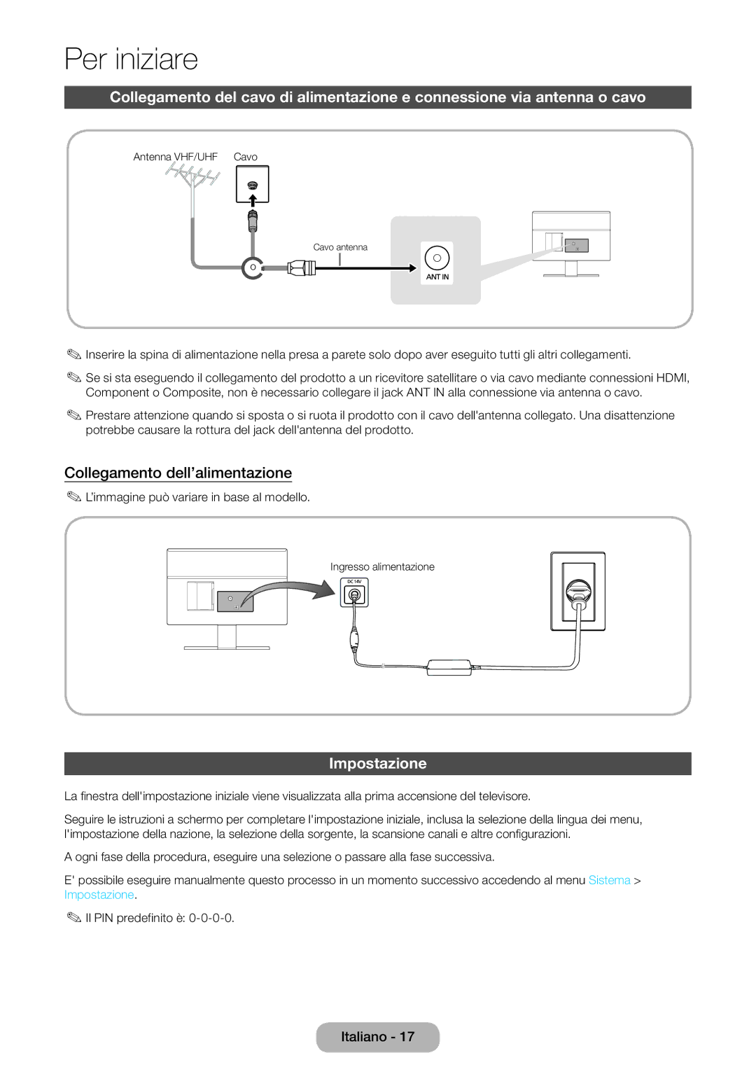 Samsung LT27D590CX/EN manual Collegamento dell’alimentazione, Impostazione 