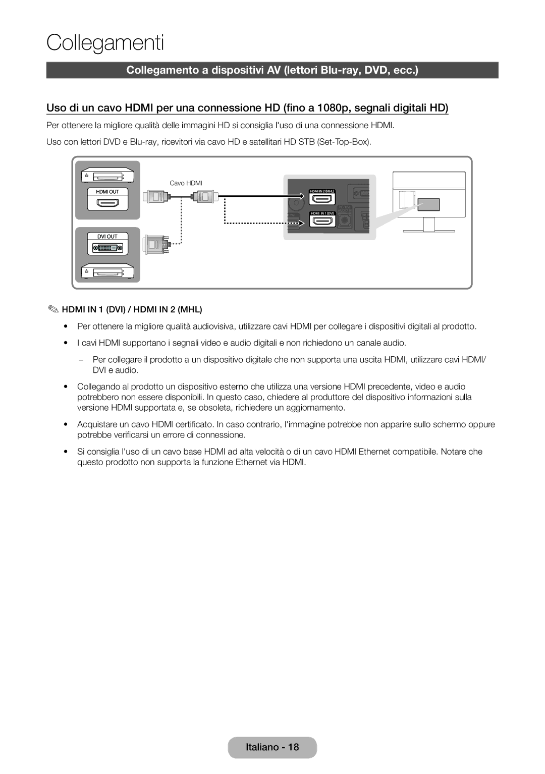 Samsung LT27D590CX/EN manual Collegamenti, Collegamento a dispositivi AV lettori Blu-ray, DVD, ecc 