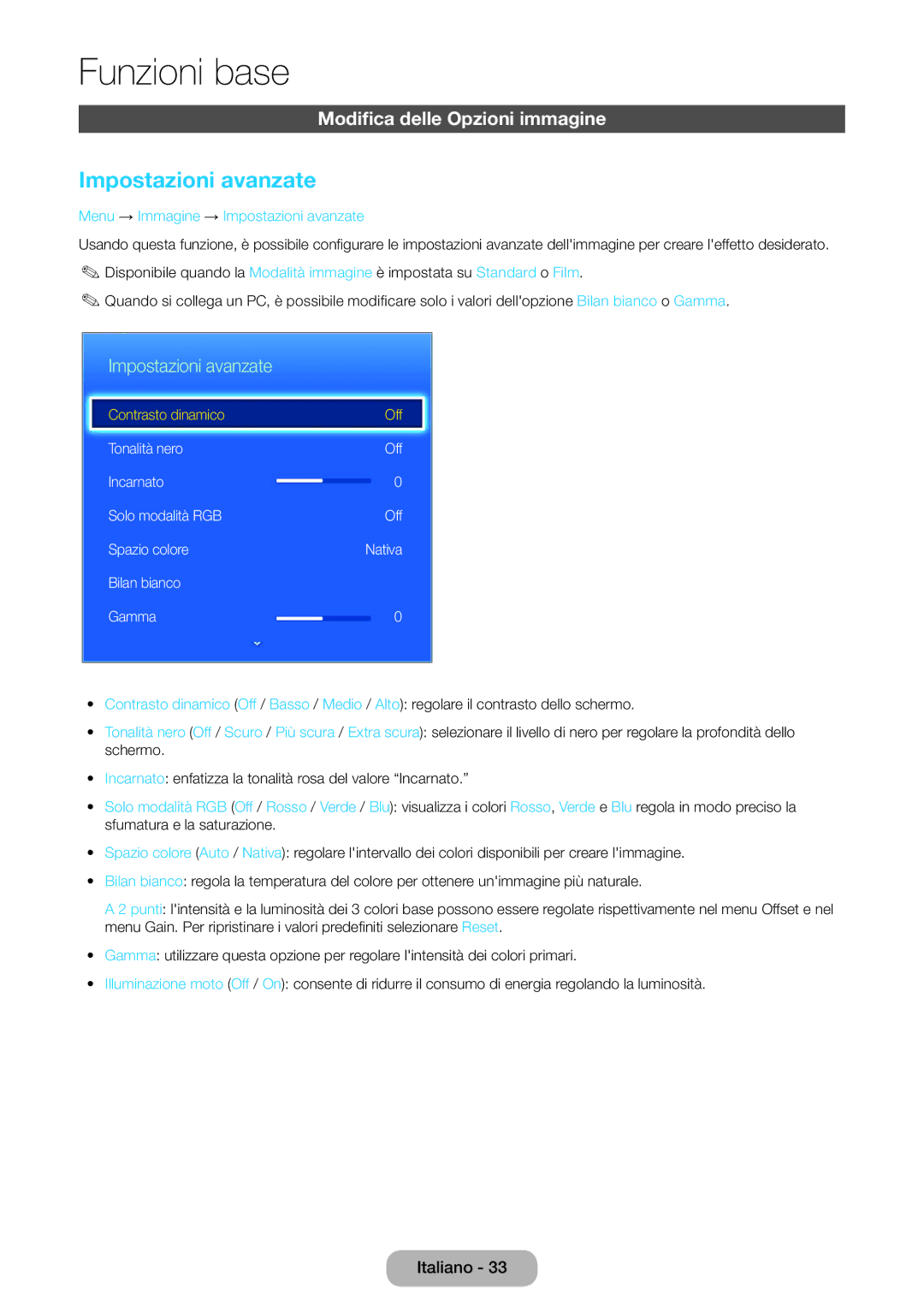 Samsung LT27D590CX/EN manual Modifica delle Opzioni immagine, Menu → Immagine → Impostazioni avanzate 