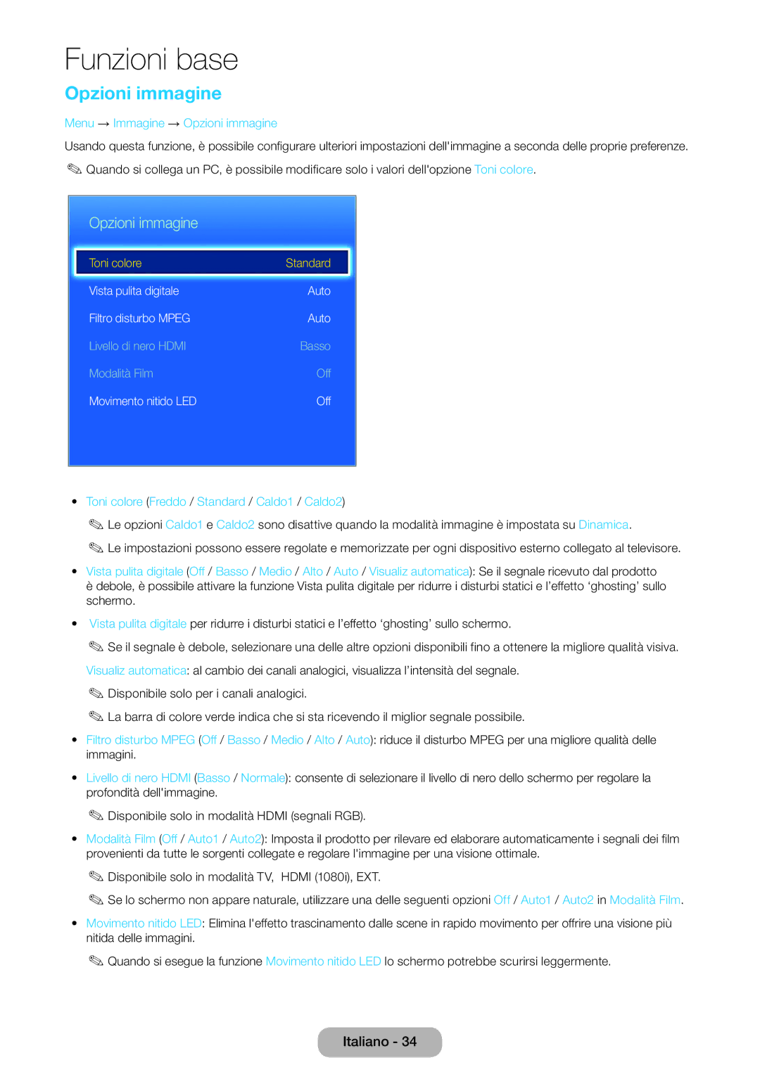 Samsung LT27D590CX/EN manual Menu → Immagine → Opzioni immagine, Toni colore Freddo / Standard / Caldo1 / Caldo2 