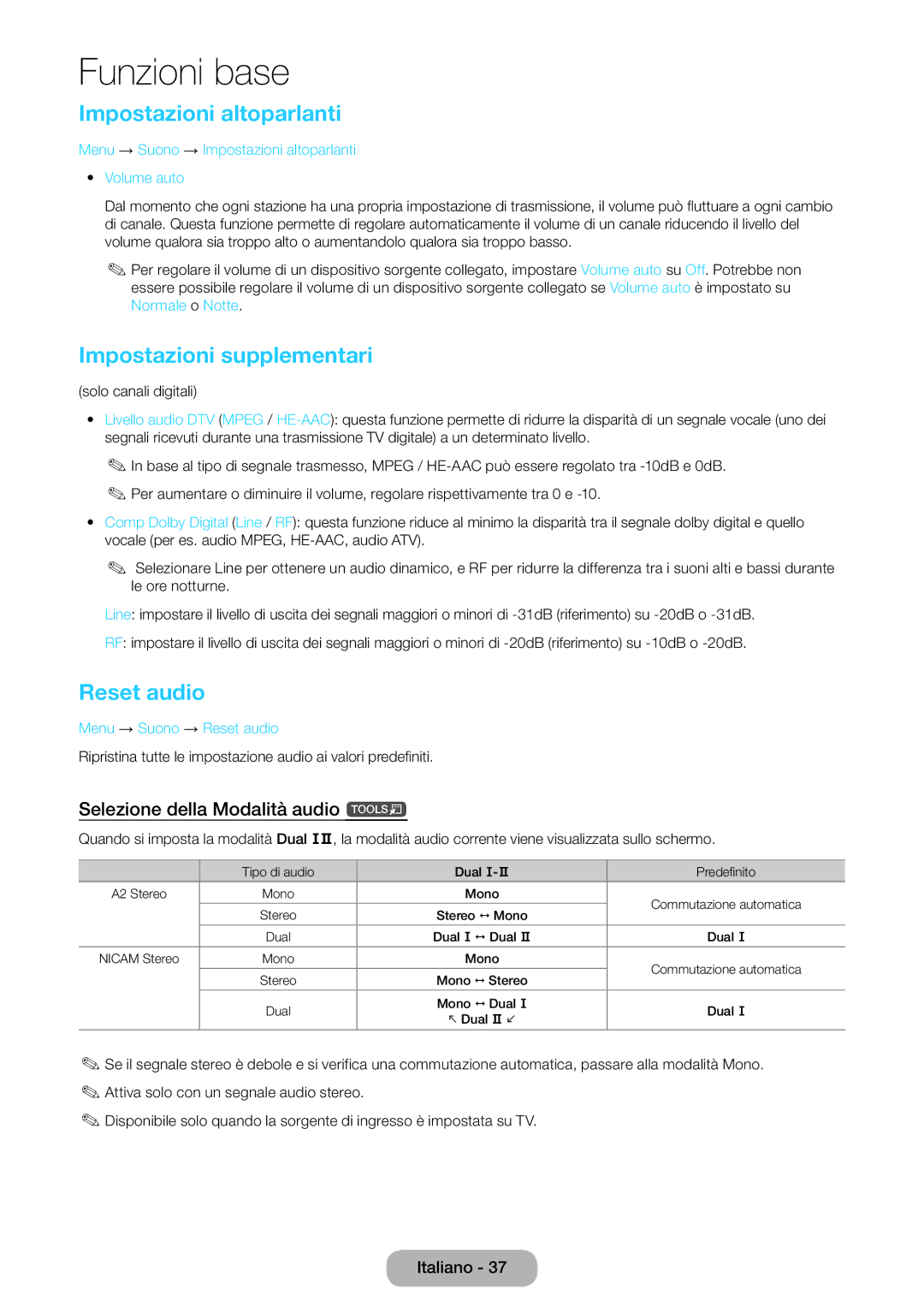 Samsung LT27D590CX/EN Impostazioni altoparlanti, Impostazioni supplementari, Reset audio, Selezione della Modalità audio t 