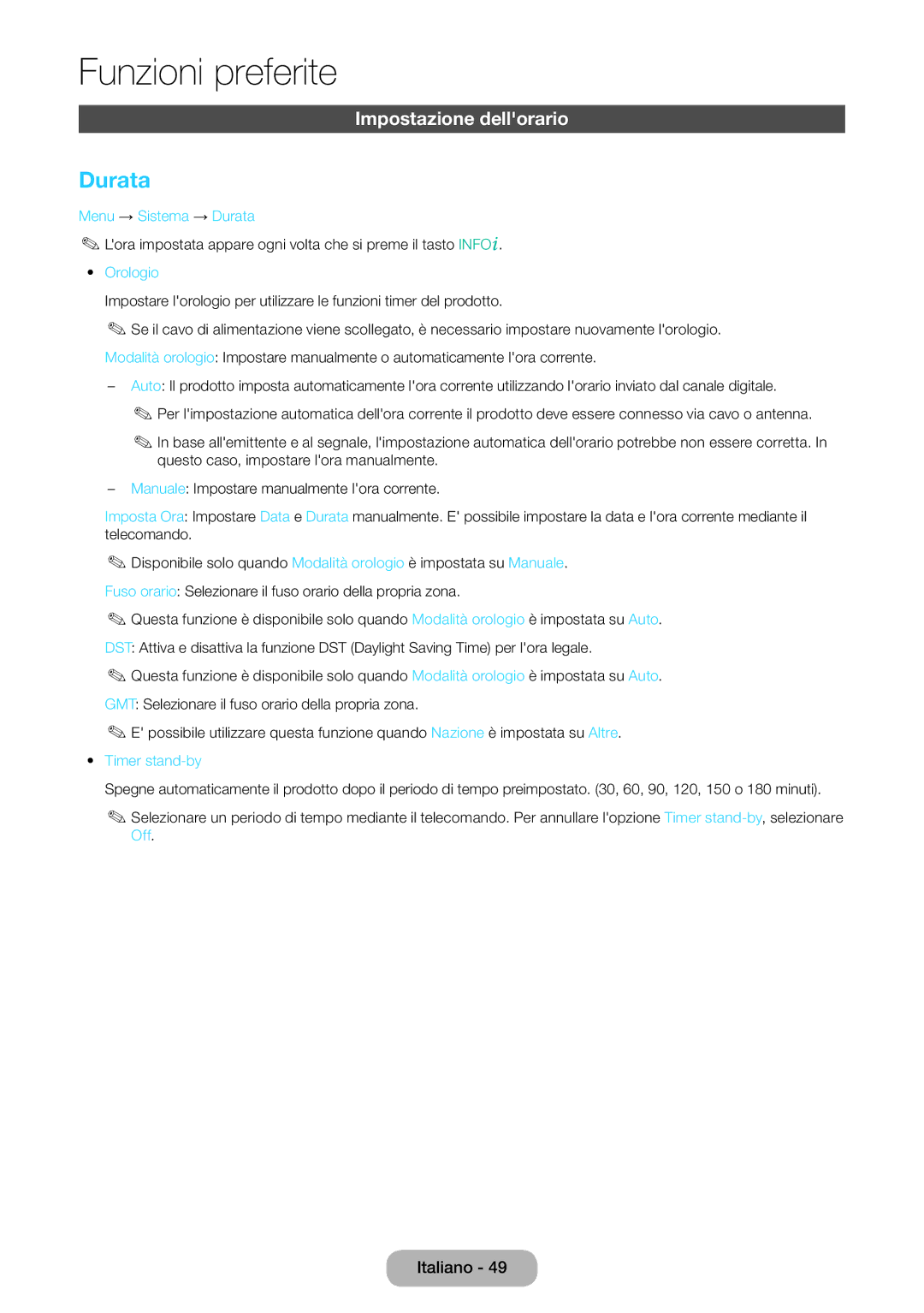 Samsung LT27D590CX/EN manual Impostazione dellorario, Menu → Sistema → Durata, Orologio, Timer stand-by 