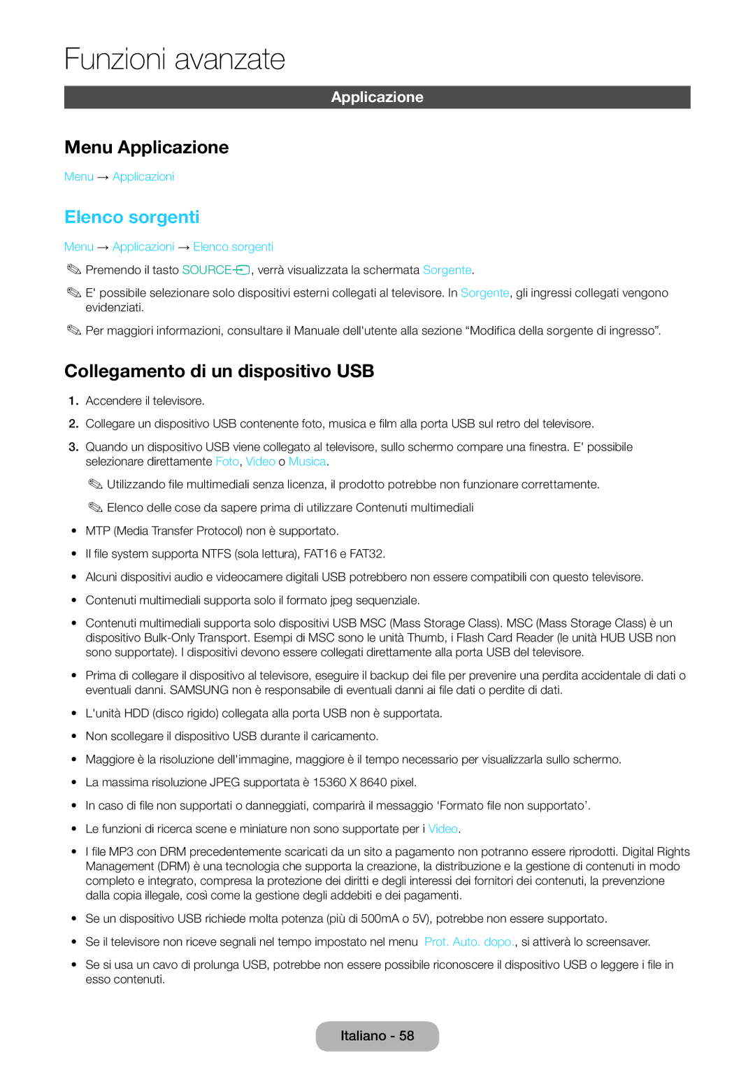 Samsung LT27D590CX/EN manual Menu Applicazione, Elenco sorgenti, Collegamento di un dispositivo USB 