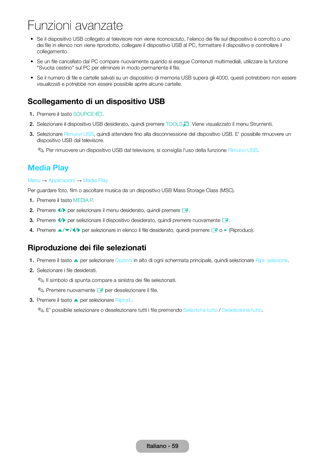 Samsung LT27D590CX/EN manual Scollegamento di un dispositivo USB, Media Play, Riproduzione dei file selezionati 