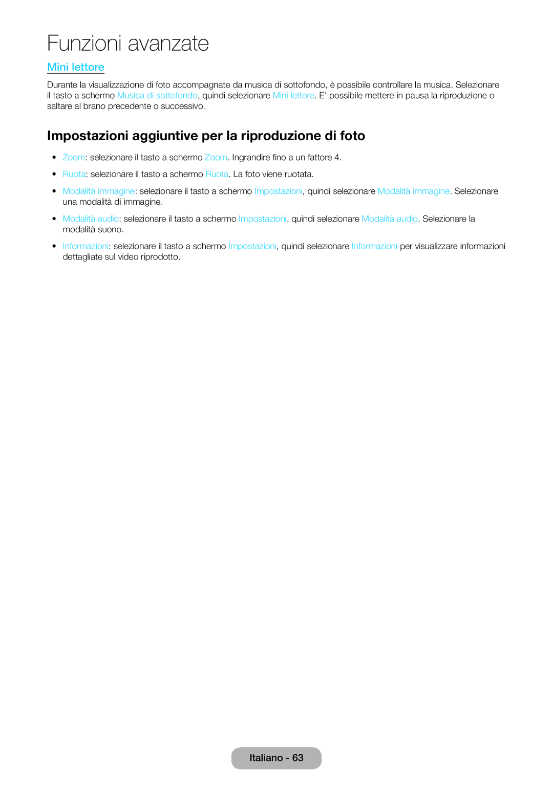 Samsung LT27D590CX/EN manual Impostazioni aggiuntive per la riproduzione di foto, Mini lettore 