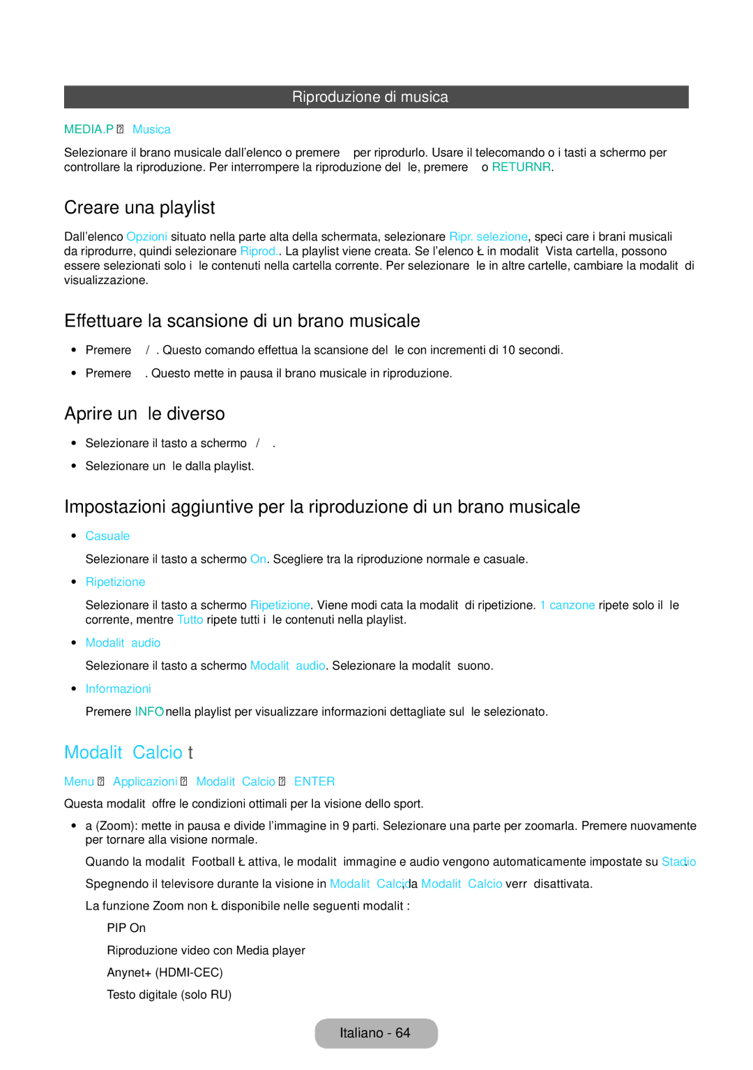 Samsung LT27D590CX/EN Effettuare la scansione di un brano musicale, Modalità Calcio t, Riproduzione di musica, Casuale 