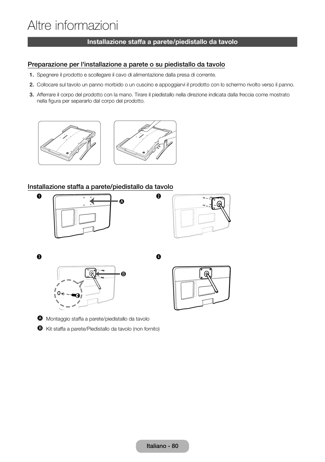 Samsung LT27D590CX/EN manual Installazione staffa a parete/piedistallo da tavolo 