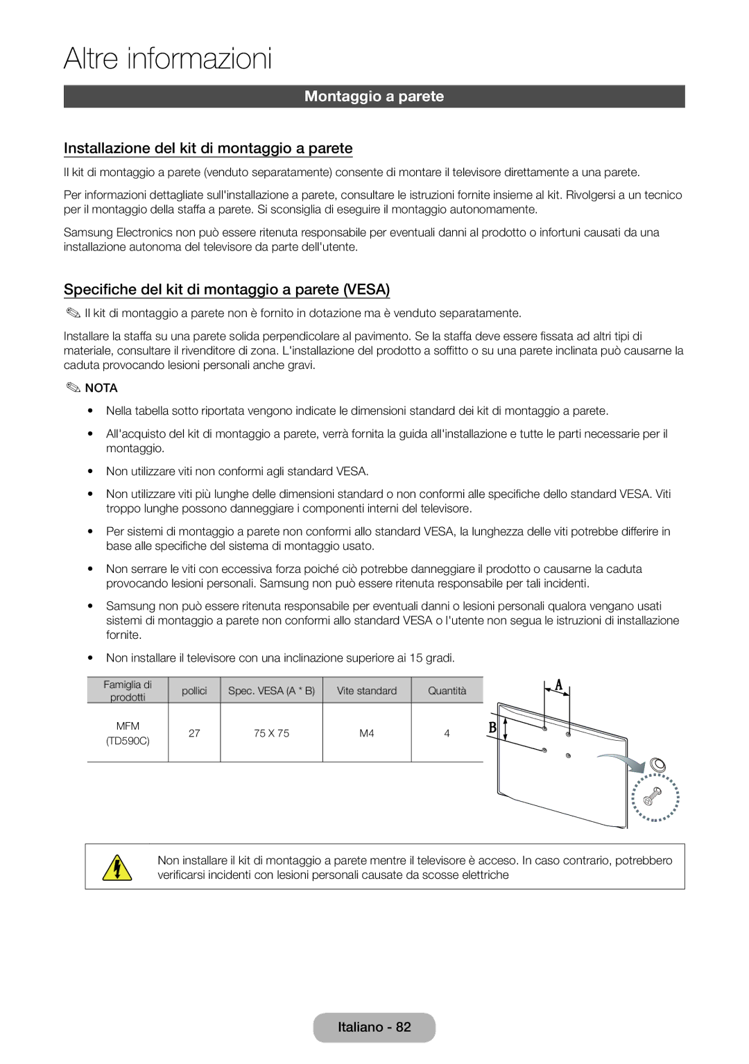 Samsung LT27D590CX/EN manual Montaggio a parete, Installazione del kit di montaggio a parete 