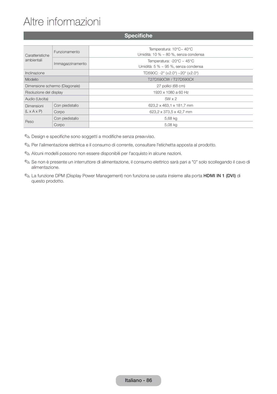 Samsung LT27D590CX/EN manual Specifiche 