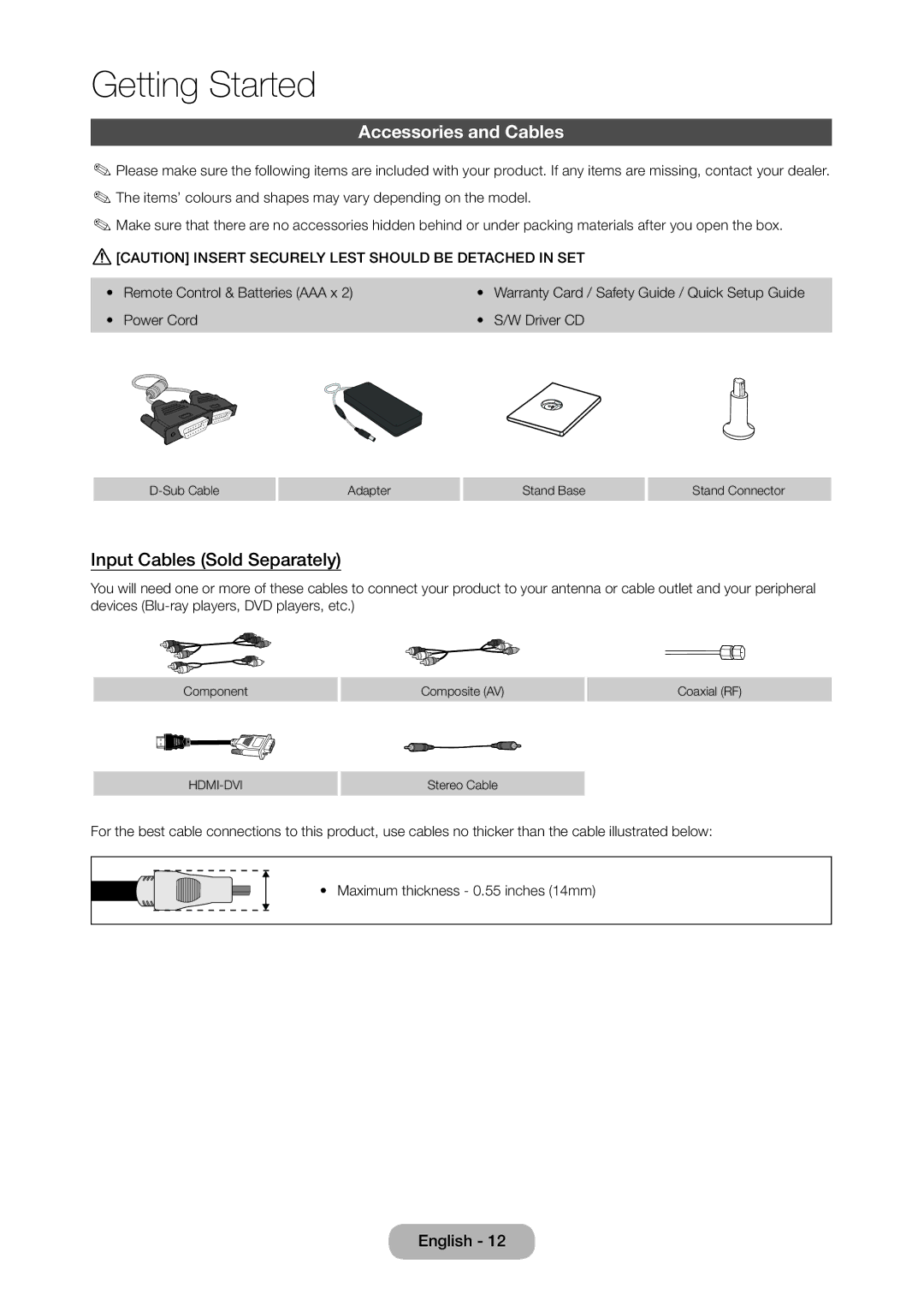 Samsung LT28C570EW/EN, LT28C570EW/XE manual Accessories and Cables, Input Cables Sold Separately 