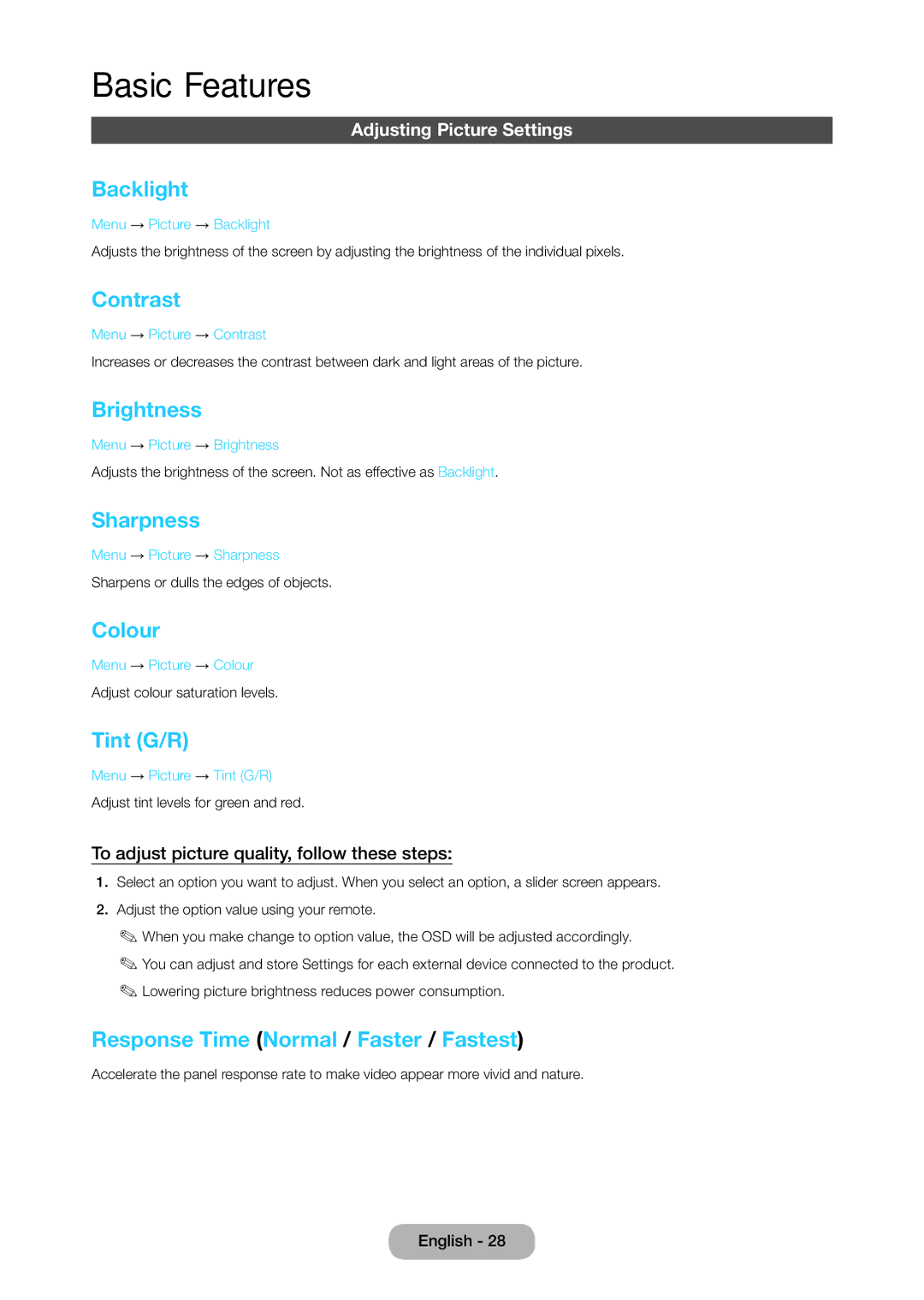 Samsung LT28C570EW/EN, LT28C570EW/XE manual Backlight, Contrast, Brightness, Sharpness, Colour, Tint G/R 