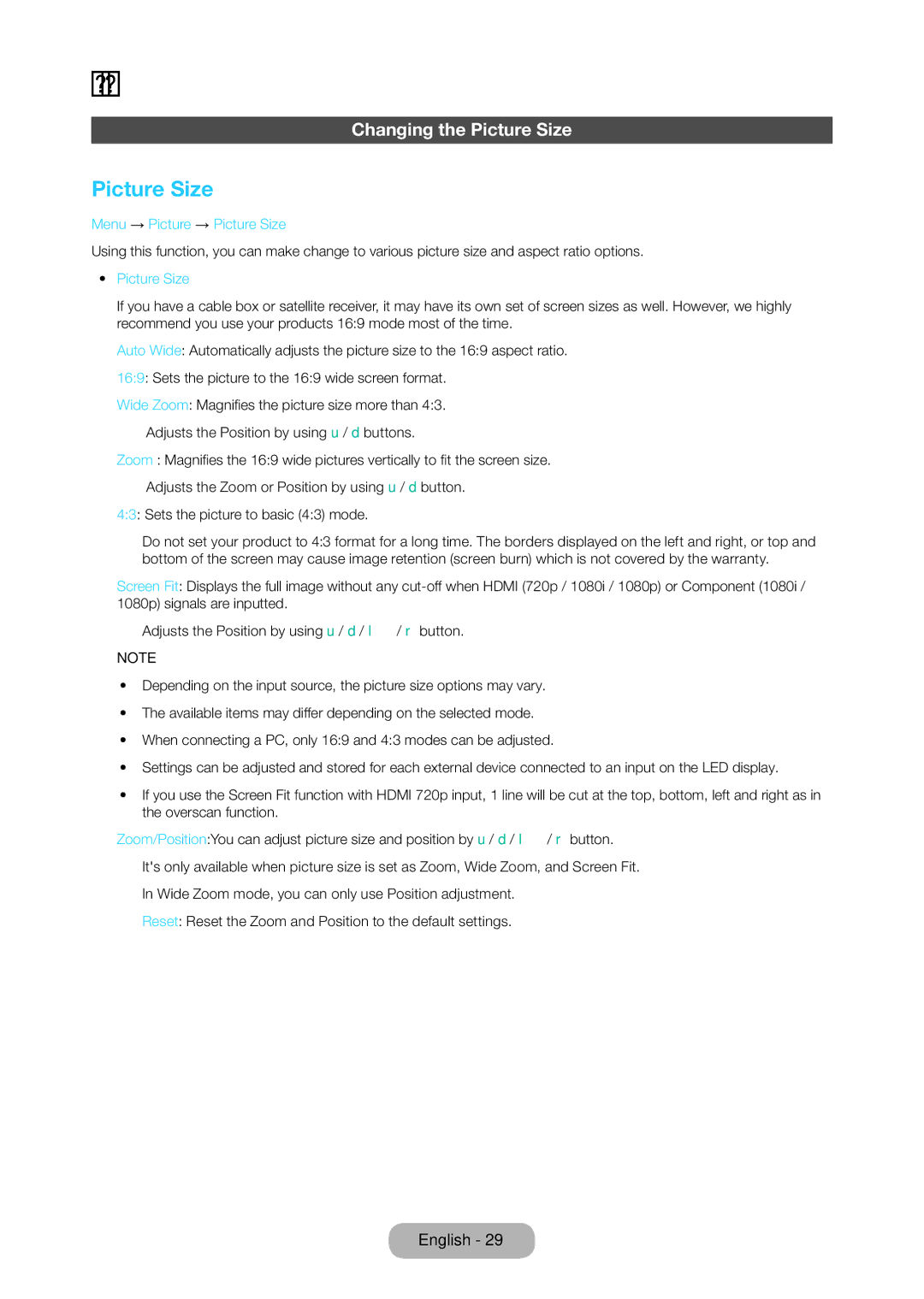 Samsung LT28C570EW/XE, LT28C570EW/EN manual Changing the Picture Size, Menu → Picture → Picture Size 